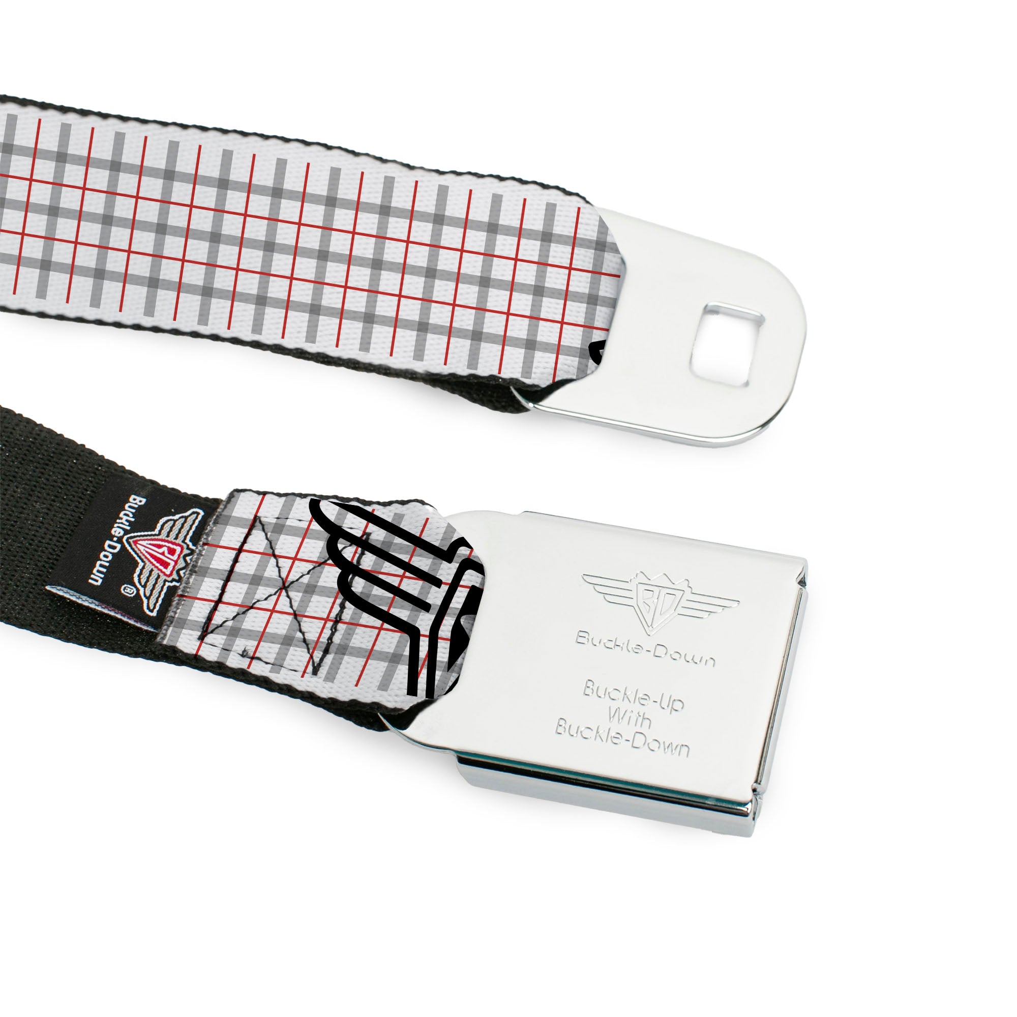 BD Wings Logo CLOSE-UP Full Color Black Silver Seatbelt Belt - BD Plaid White/Gray/Red Webbing Seatbelt Belts Buckle-Down