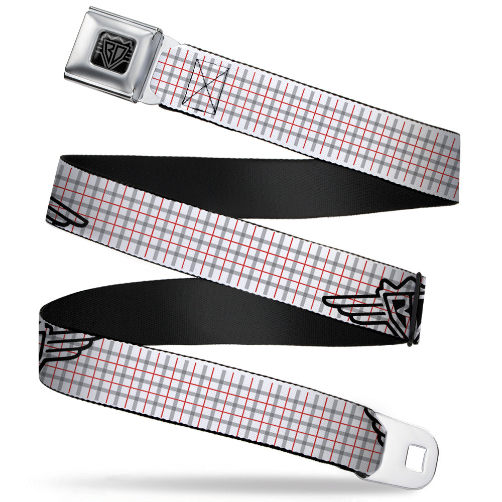 BD Wings Logo CLOSE-UP Full Color Black Silver Seatbelt Belt - BD Plaid White/Gray/Red Webbing Seatbelt Belts Buckle-Down
