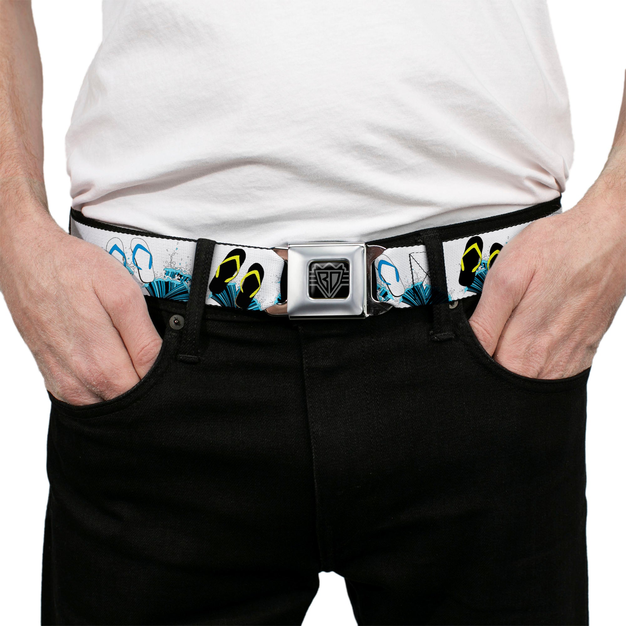 BD Wings Logo CLOSE-UP Full Color Black Silver Seatbelt Belt - Beach Flip Flops Webbing Seatbelt Belts Buckle-Down