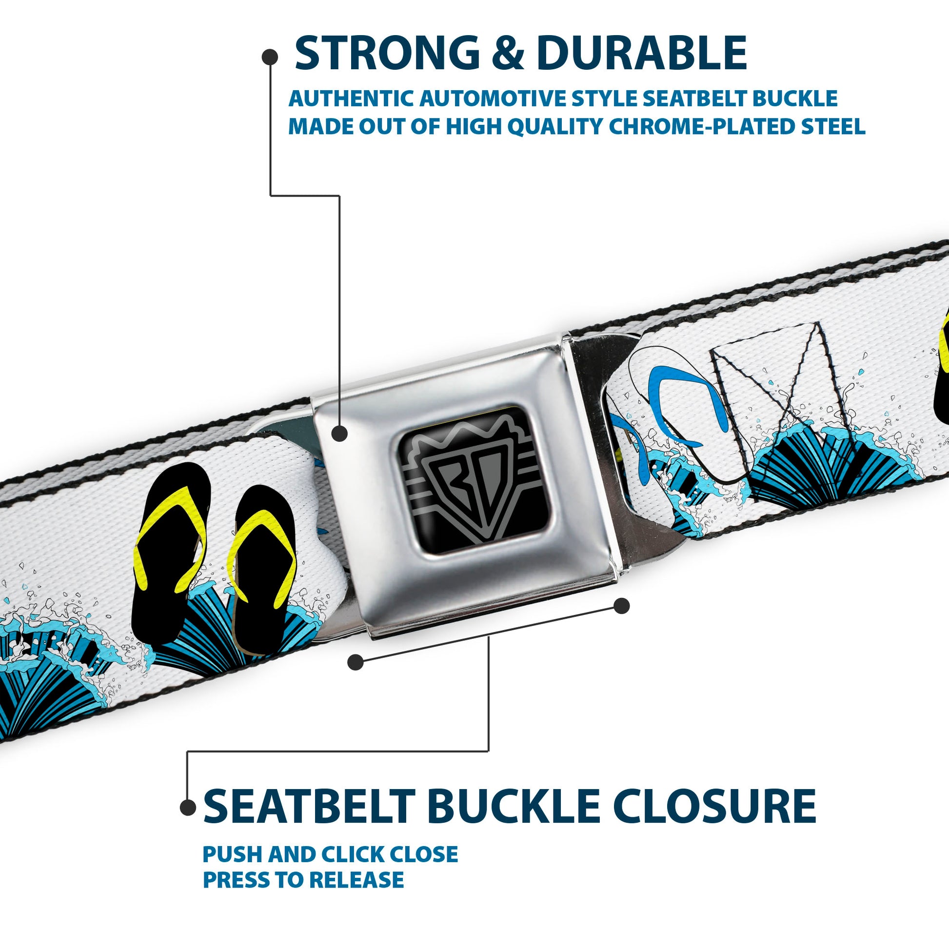 BD Wings Logo CLOSE-UP Full Color Black Silver Seatbelt Belt - Beach Flip Flops Webbing Seatbelt Belts Buckle-Down