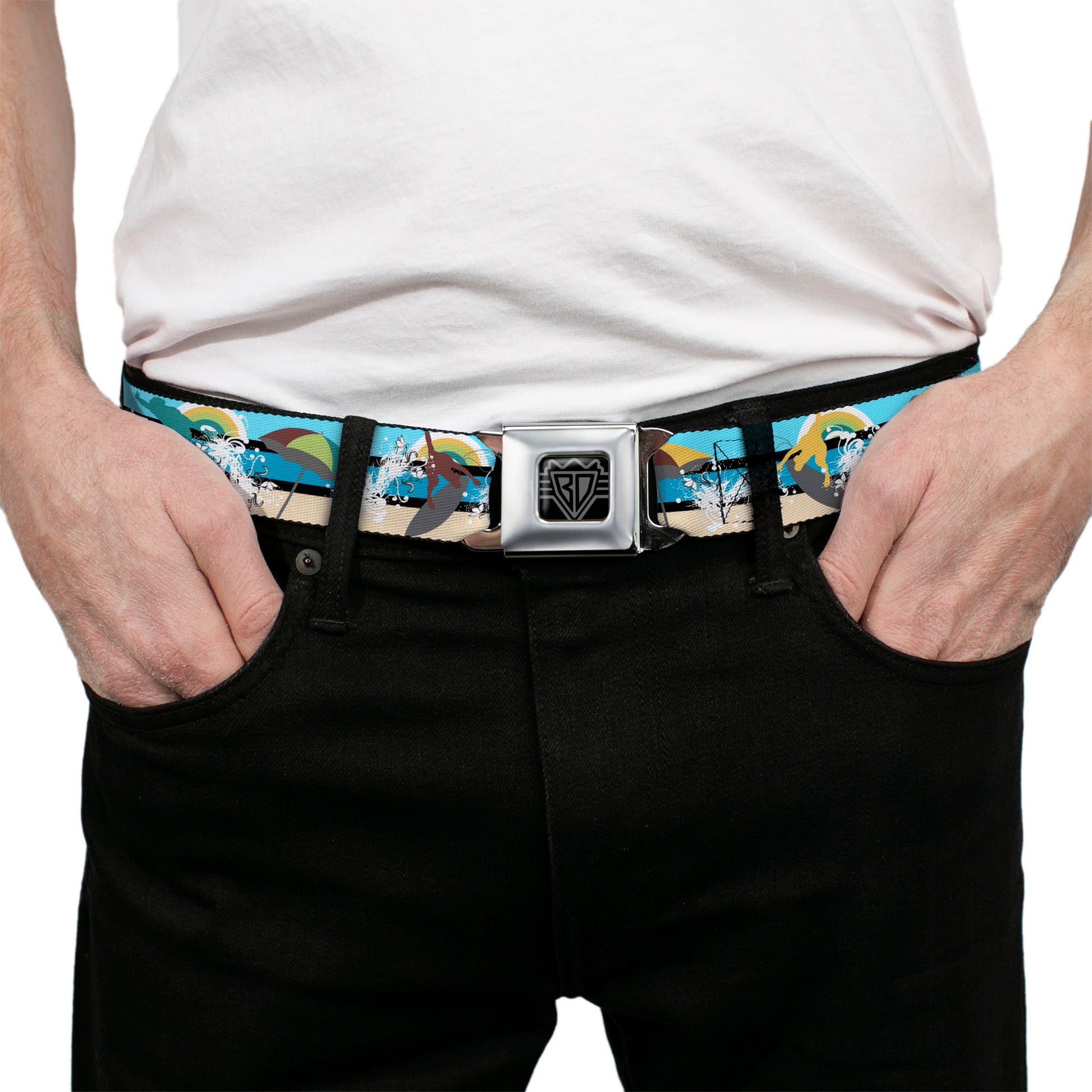 BD Wings Logo CLOSE-UP Full Color Black Silver Seatbelt Belt - Beach Scene 1 Webbing Seatbelt Belts Buckle-Down