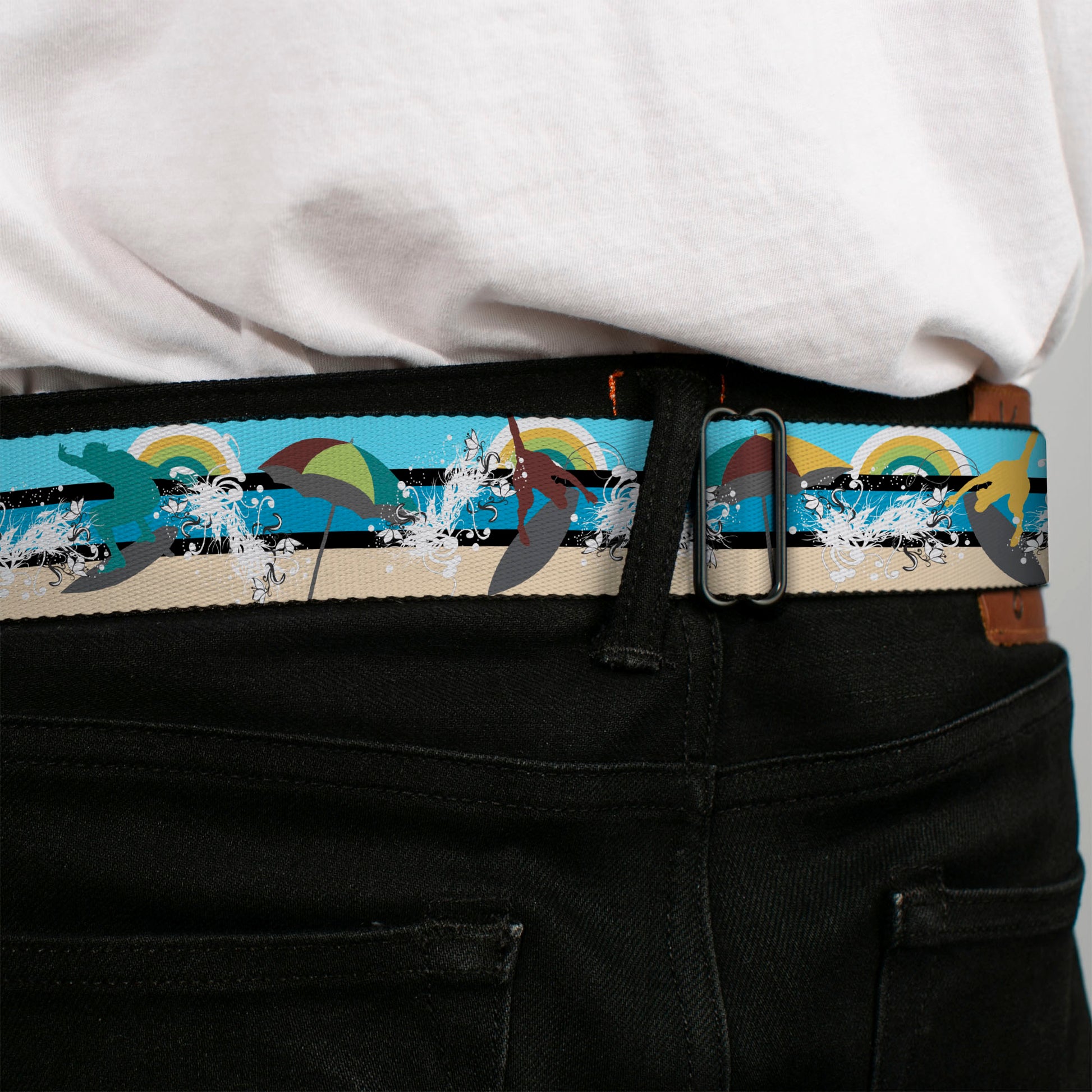 BD Wings Logo CLOSE-UP Full Color Black Silver Seatbelt Belt - Beach Scene 1 Webbing Seatbelt Belts Buckle-Down