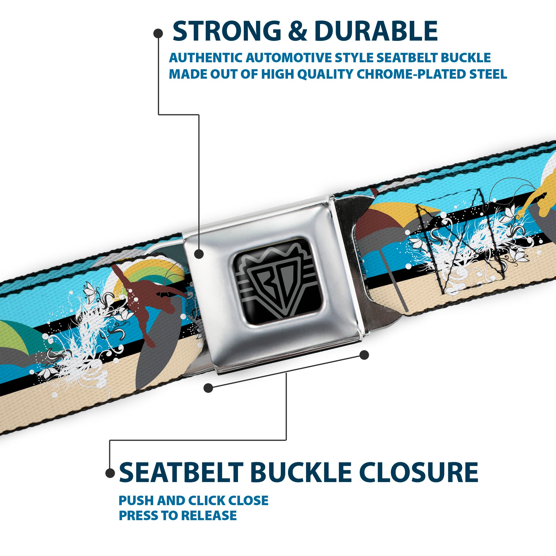 BD Wings Logo CLOSE-UP Full Color Black Silver Seatbelt Belt - Beach Scene 1 Webbing Seatbelt Belts Buckle-Down