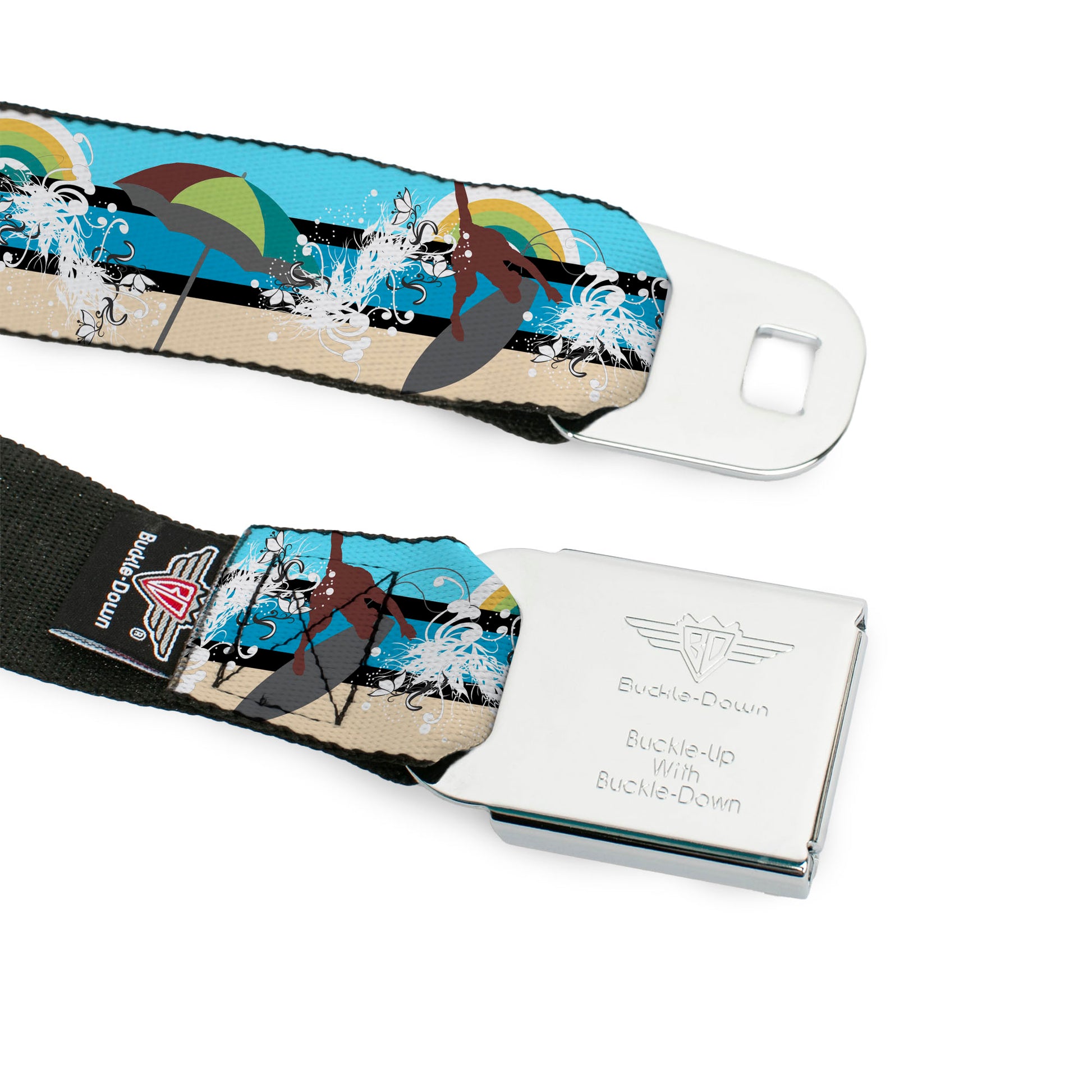 BD Wings Logo CLOSE-UP Full Color Black Silver Seatbelt Belt - Beach Scene 1 Webbing Seatbelt Belts Buckle-Down