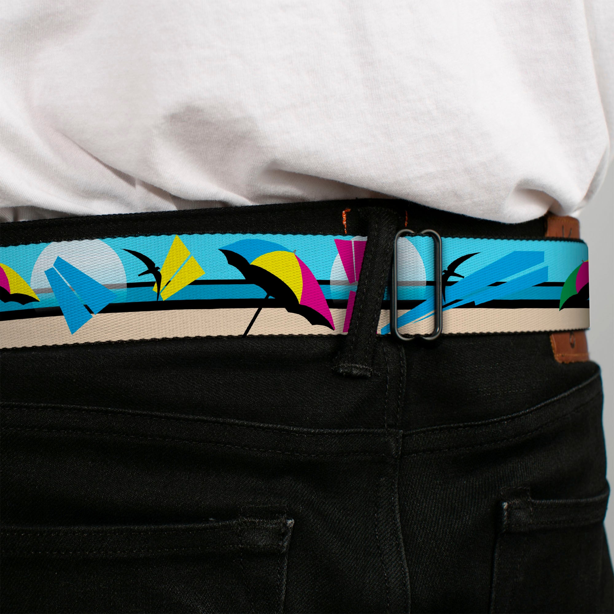 BD Wings Logo CLOSE-UP Full Color Black Silver Seatbelt Belt - Beach Scene 2 Webbing Seatbelt Belts Buckle-Down