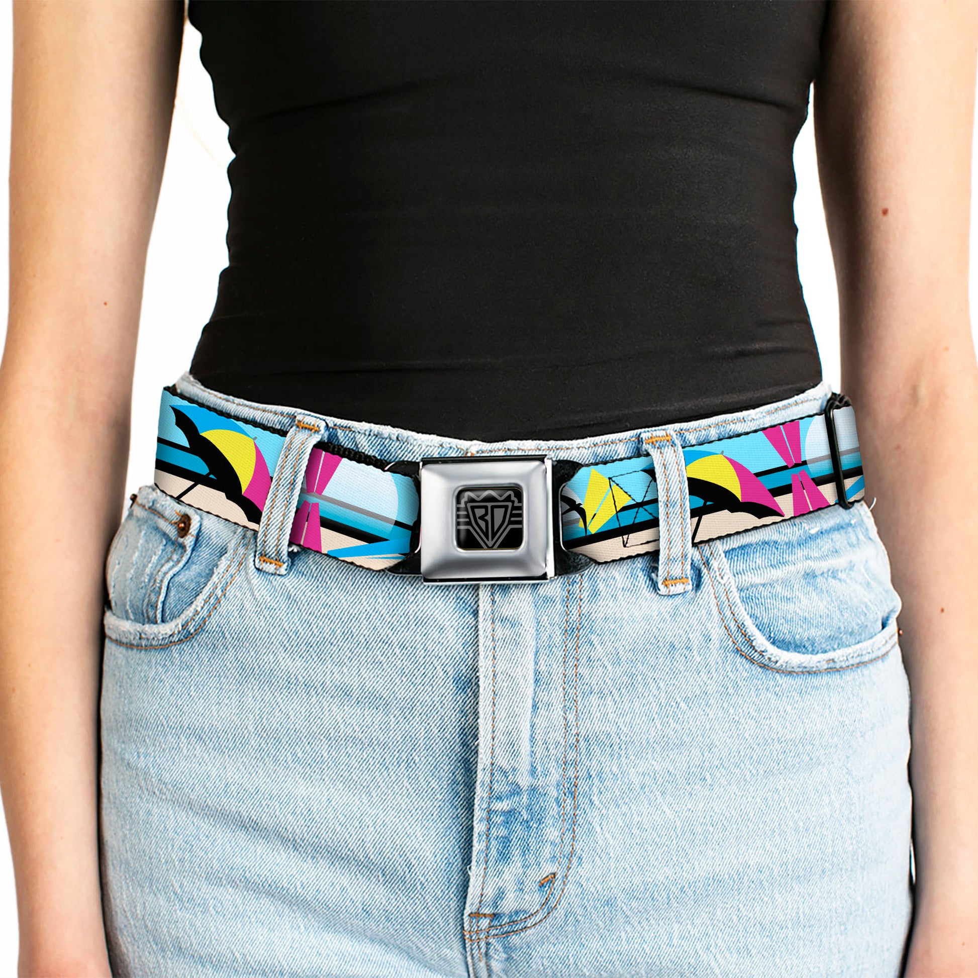 BD Wings Logo CLOSE-UP Full Color Black Silver Seatbelt Belt - Beach Scene 2 Webbing Seatbelt Belts Buckle-Down