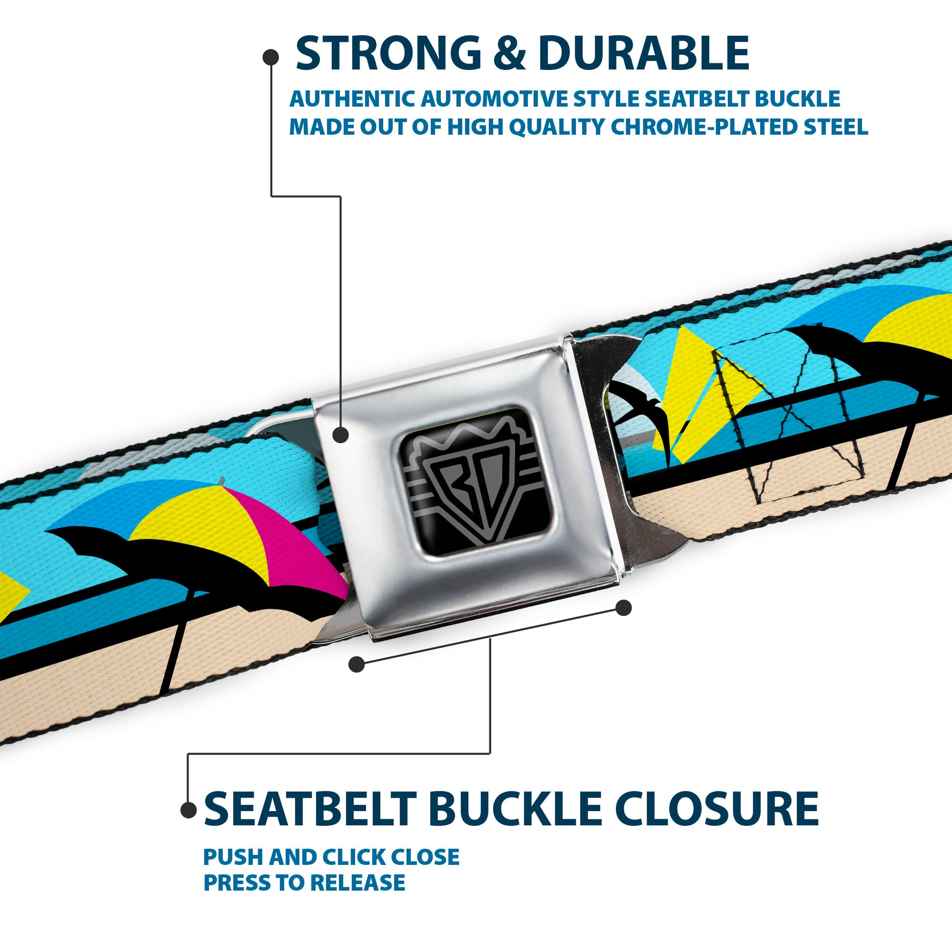 BD Wings Logo CLOSE-UP Full Color Black Silver Seatbelt Belt - Beach Scene 2 Webbing Seatbelt Belts Buckle-Down