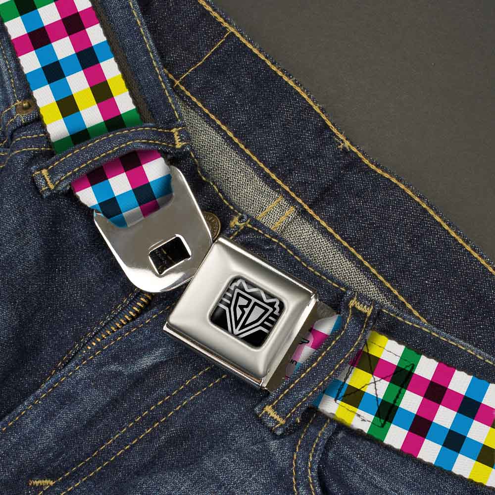 BD Wings Logo CLOSE-UP Full Color Black Silver Seatbelt Belt - Buffalo Plaid White/Multi Color Webbing Seatbelt Belts Buckle-Down