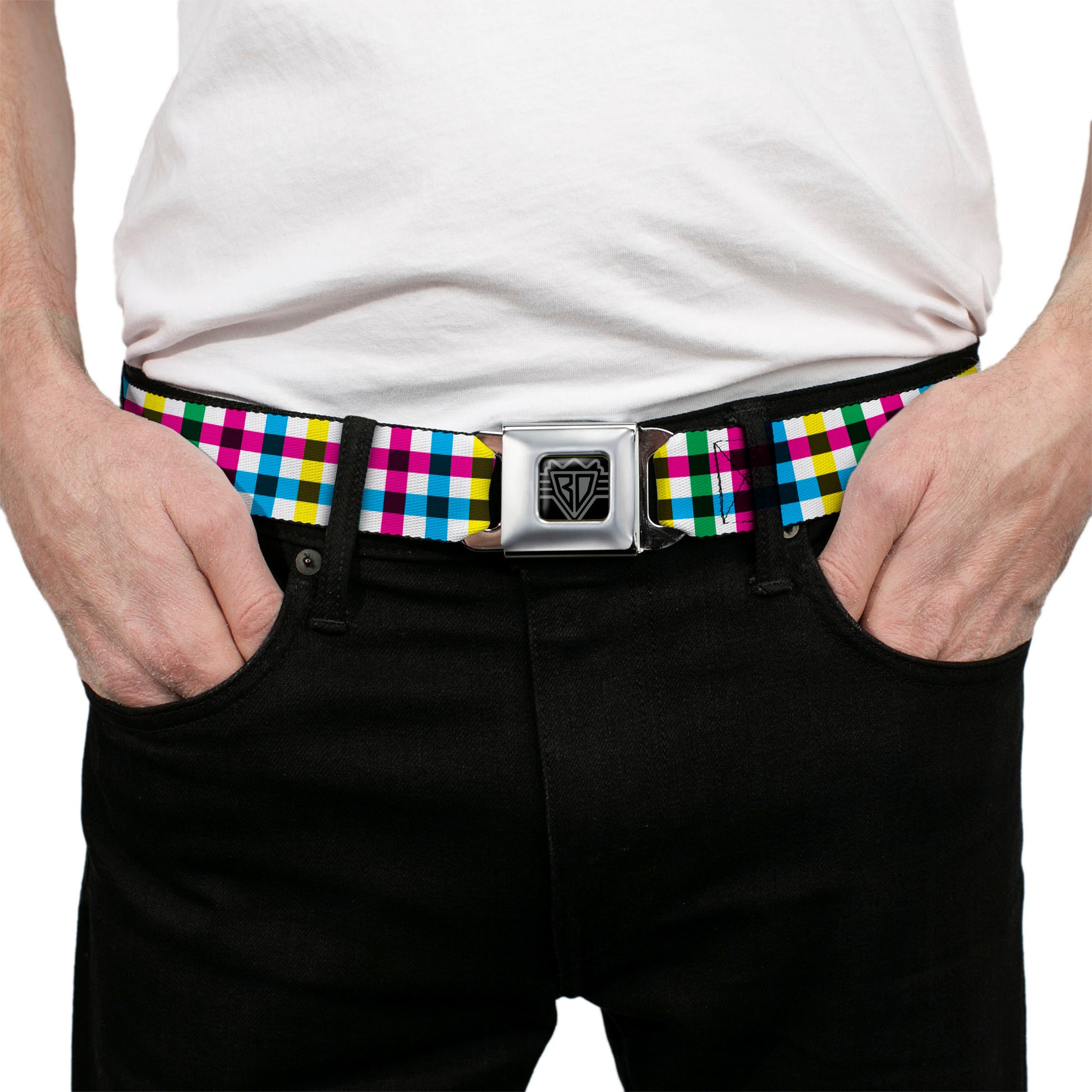 BD Wings Logo CLOSE-UP Full Color Black Silver Seatbelt Belt - Buffalo Plaid White/Multi Color Webbing Seatbelt Belts Buckle-Down