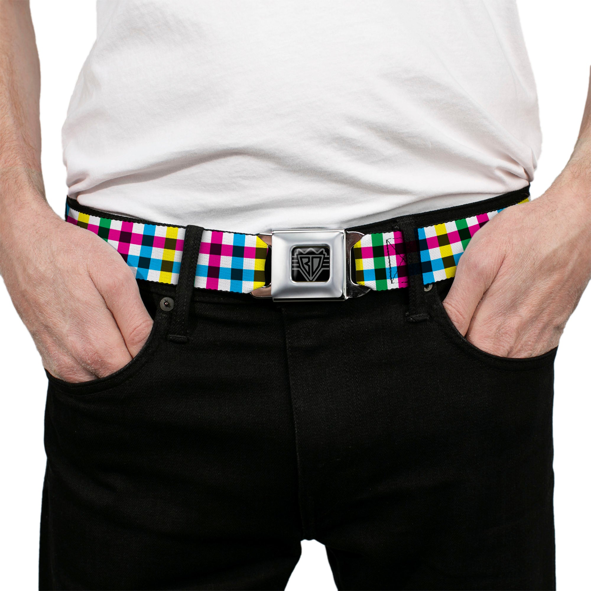 BD Wings Logo CLOSE-UP Full Color Black Silver Seatbelt Belt - Buffalo Plaid White/Multi Color Webbing Seatbelt Belts Buckle-Down