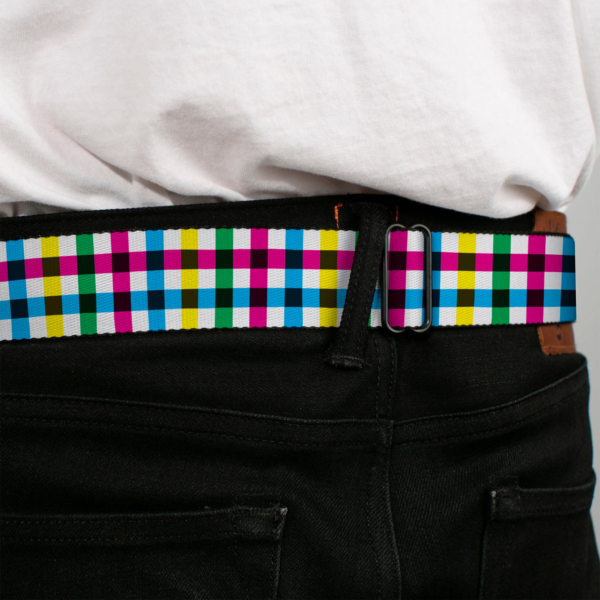 BD Wings Logo CLOSE-UP Full Color Black Silver Seatbelt Belt - Buffalo Plaid White/Multi Color Webbing Seatbelt Belts Buckle-Down