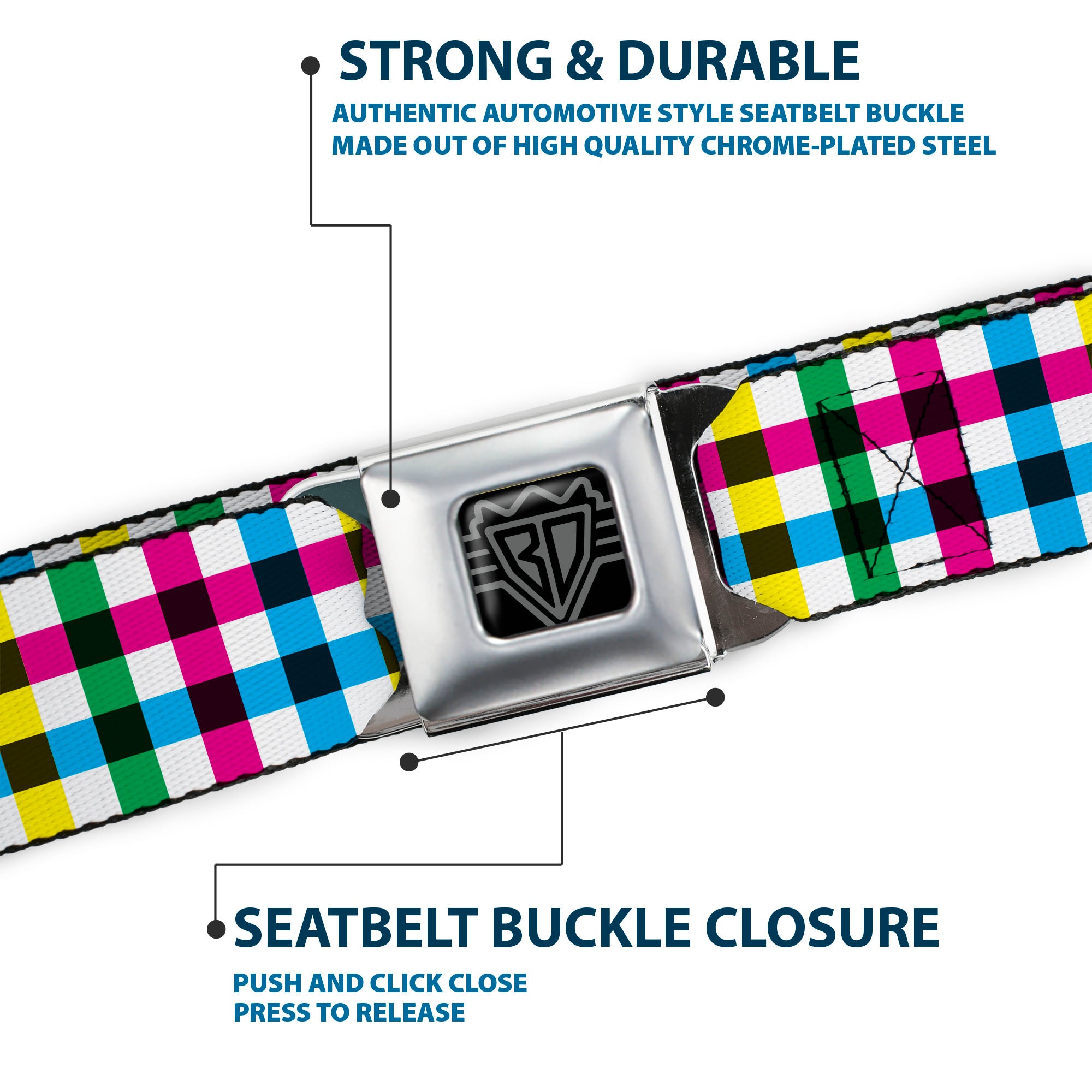 BD Wings Logo CLOSE-UP Full Color Black Silver Seatbelt Belt - Buffalo Plaid White/Multi Color Webbing Seatbelt Belts Buckle-Down