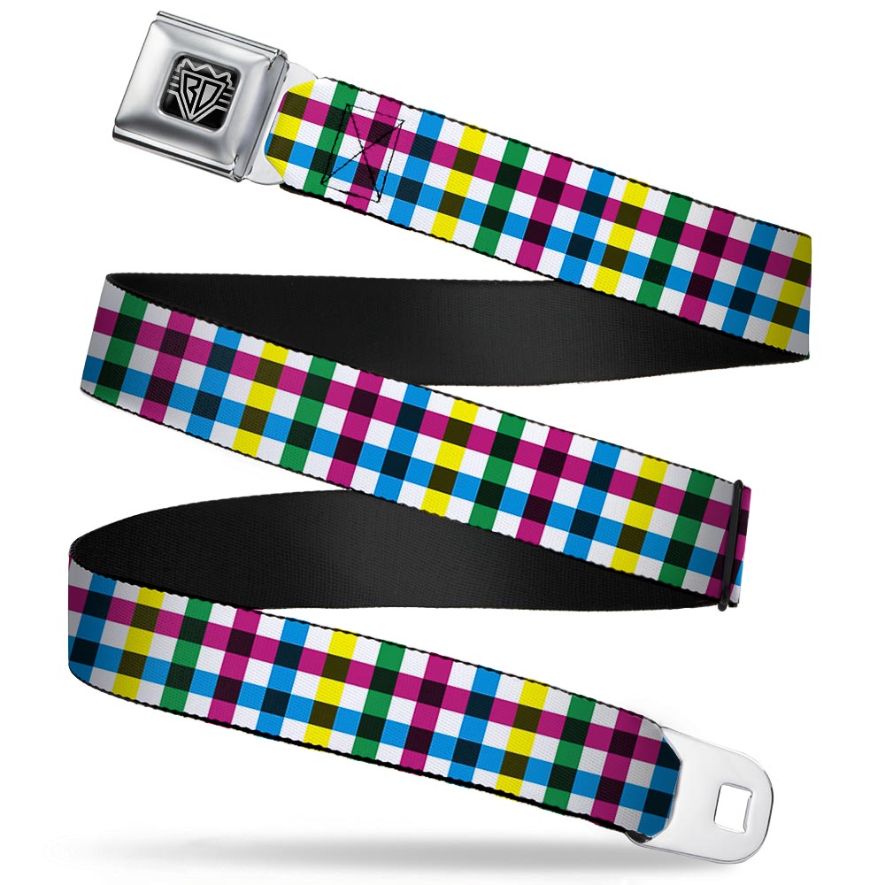 BD Wings Logo CLOSE-UP Full Color Black Silver Seatbelt Belt - Buffalo Plaid White/Multi Color Webbing Seatbelt Belts Buckle-Down