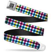 BD Wings Logo CLOSE-UP Full Color Black Silver Seatbelt Belt - Buffalo Plaid White/Multi Color Webbing Seatbelt Belts Buckle-Down