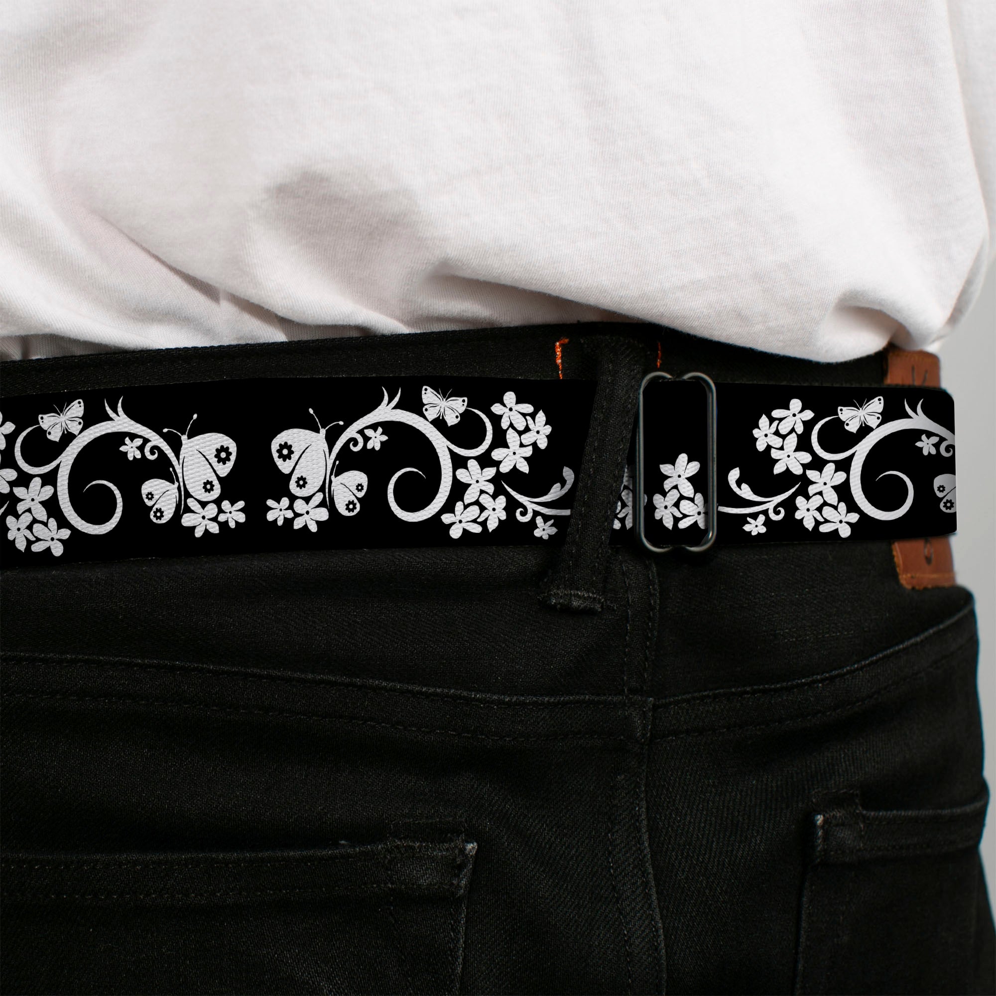 BD Wings Logo CLOSE-UP Full Color Black Silver Seatbelt Belt - Butterfly Garden2 Black/White Webbing Seatbelt Belts Buckle-Down