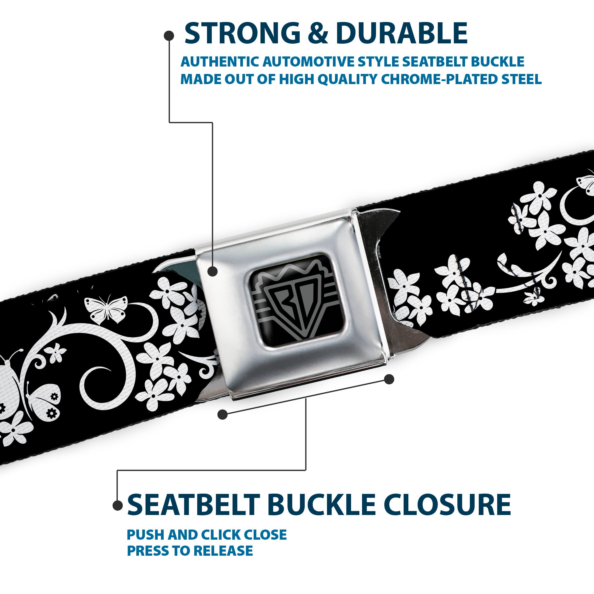 BD Wings Logo CLOSE-UP Full Color Black Silver Seatbelt Belt - Butterfly Garden2 Black/White Webbing Seatbelt Belts Buckle-Down