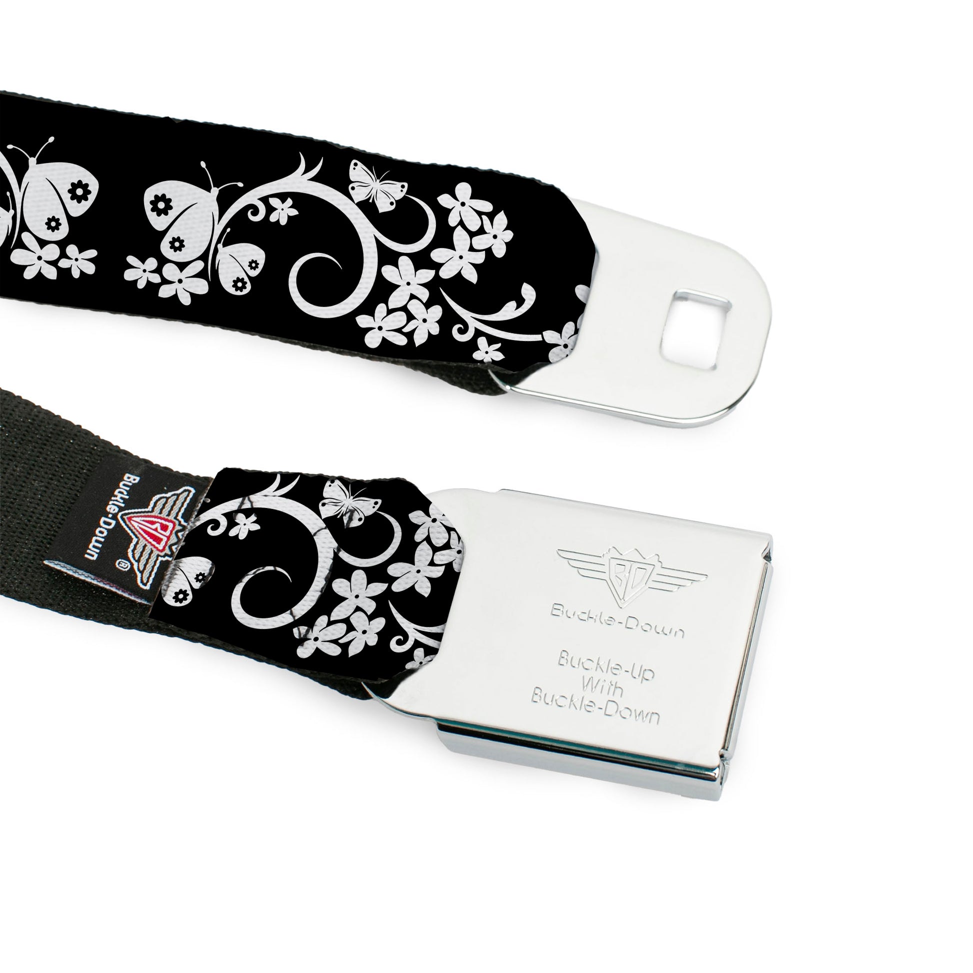 BD Wings Logo CLOSE-UP Full Color Black Silver Seatbelt Belt - Butterfly Garden2 Black/White Webbing Seatbelt Belts Buckle-Down