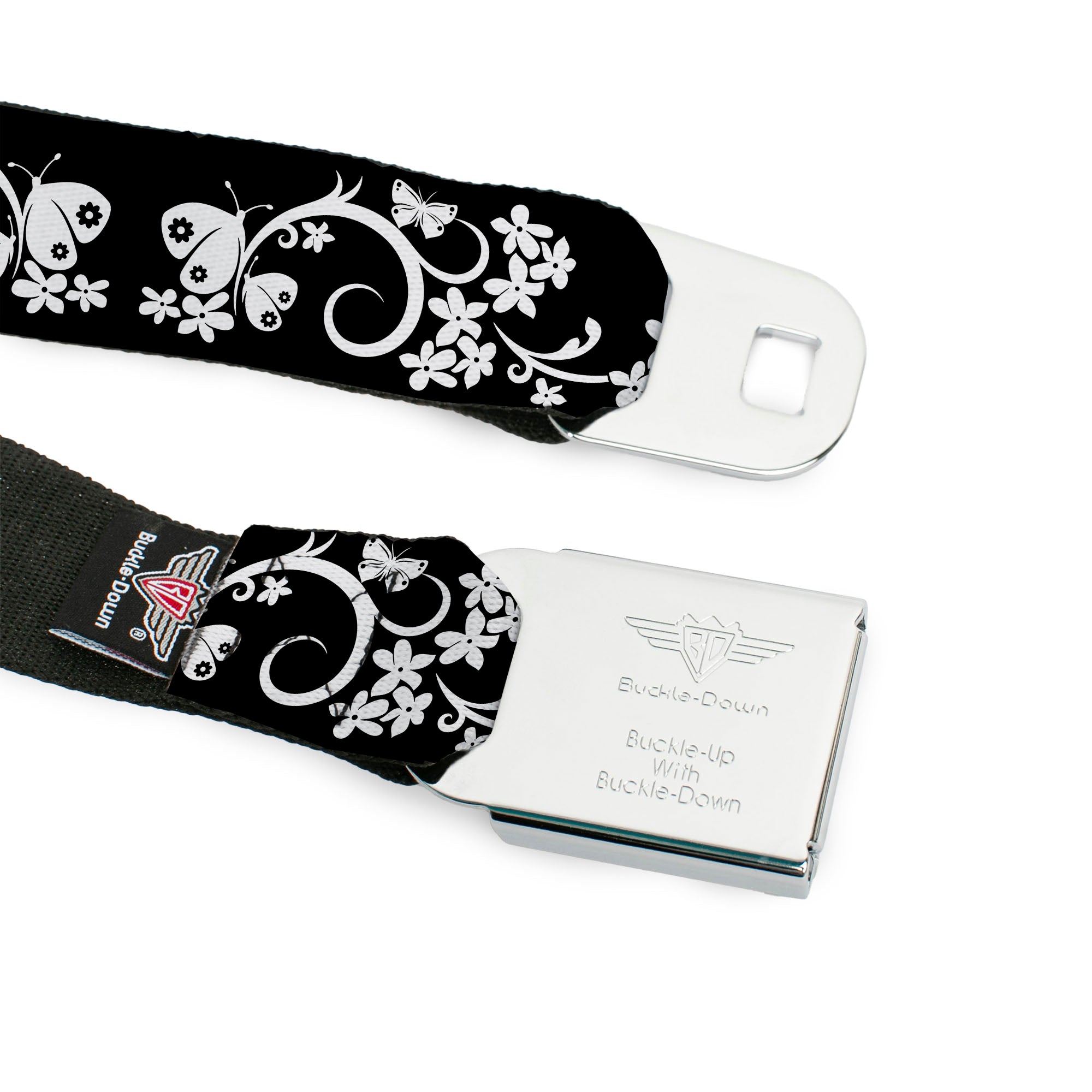 BD Wings Logo CLOSE-UP Full Color Black Silver Seatbelt Belt - Butterfly Garden2 Black/White Webbing Seatbelt Belts Buckle-Down