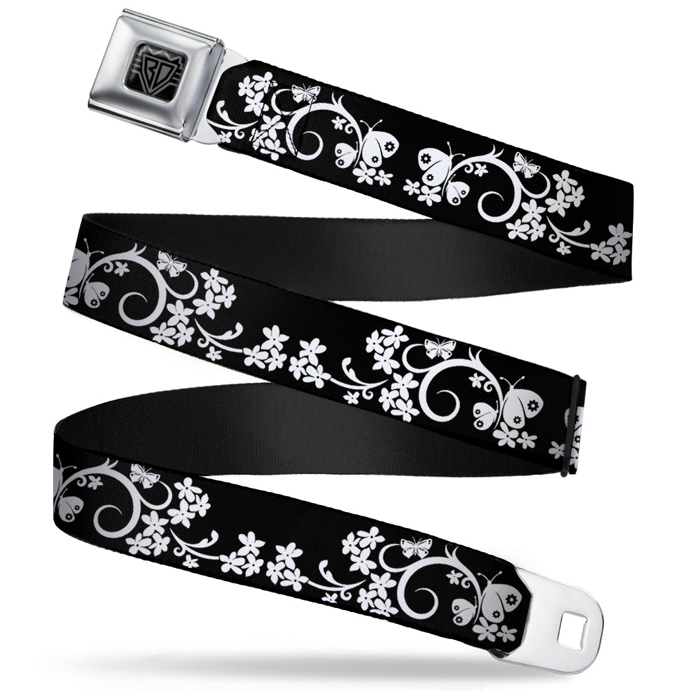 BD Wings Logo CLOSE-UP Full Color Black Silver Seatbelt Belt - Butterfly Garden2 Black/White Webbing Seatbelt Belts Buckle-Down