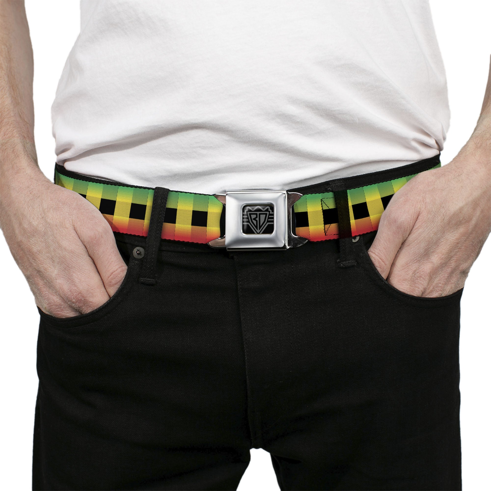 BD Wings Logo CLOSE-UP Full Color Black Silver Seatbelt Belt - Buffalo Plaid Rasta Webbing Seatbelt Belts Buckle-Down