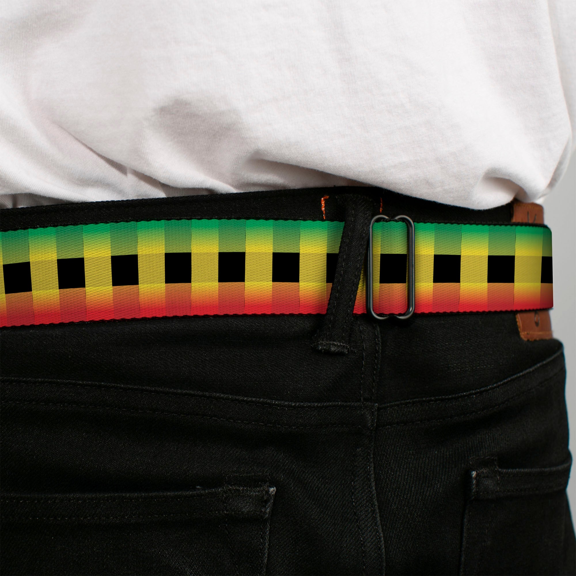 BD Wings Logo CLOSE-UP Full Color Black Silver Seatbelt Belt - Buffalo Plaid Rasta Webbing Seatbelt Belts Buckle-Down