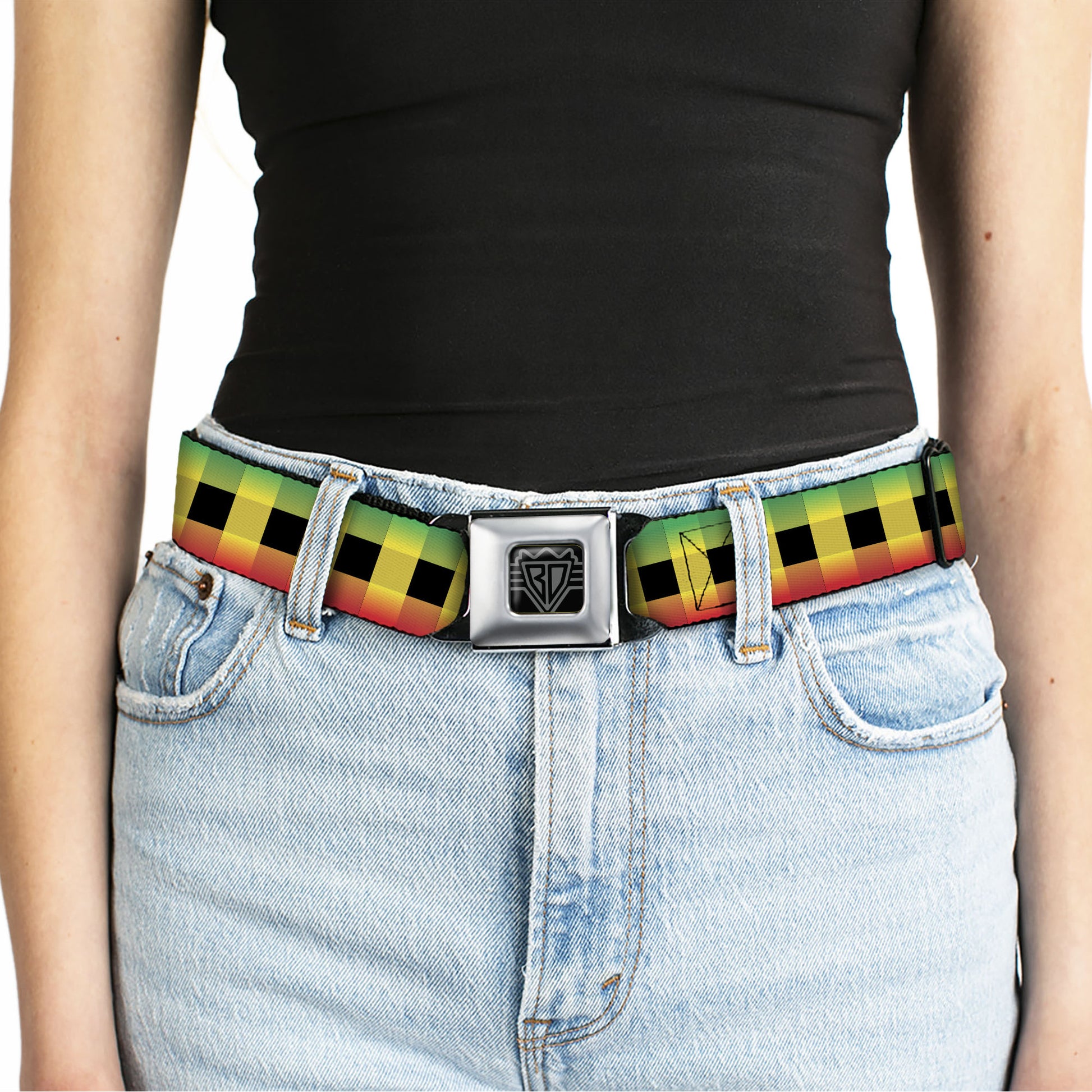 BD Wings Logo CLOSE-UP Full Color Black Silver Seatbelt Belt - Buffalo Plaid Rasta Webbing Seatbelt Belts Buckle-Down