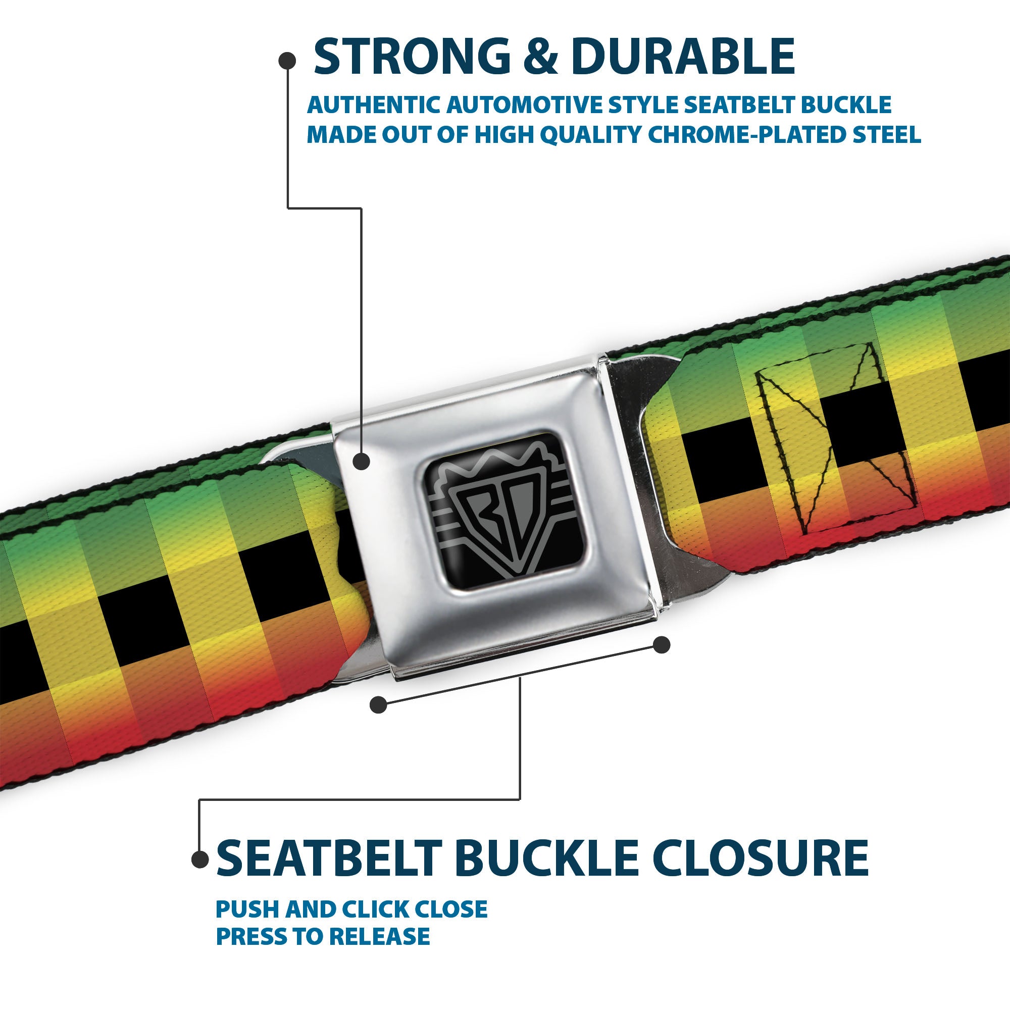 BD Wings Logo CLOSE-UP Full Color Black Silver Seatbelt Belt - Buffalo Plaid Rasta Webbing Seatbelt Belts Buckle-Down