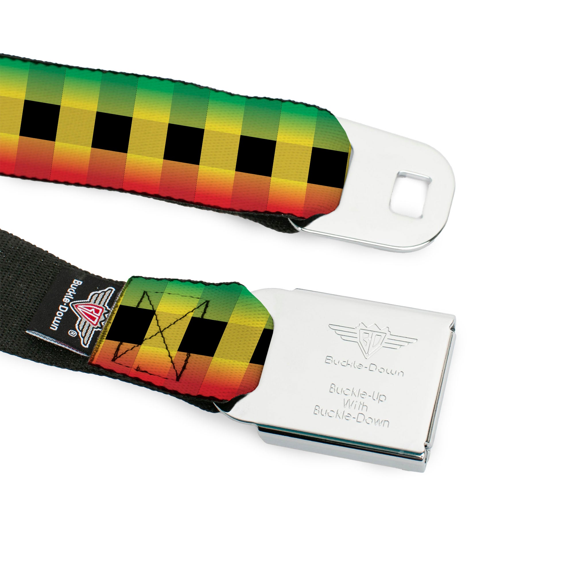 BD Wings Logo CLOSE-UP Full Color Black Silver Seatbelt Belt - Buffalo Plaid Rasta Webbing Seatbelt Belts Buckle-Down