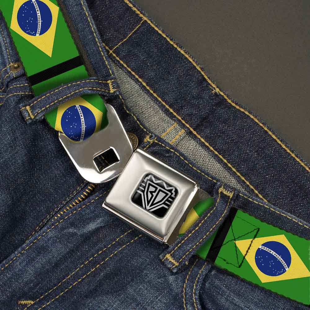BD Wings Logo CLOSE-UP Full Color Black Silver Seatbelt Belt - Brazil Flags Webbing Seatbelt Belts Buckle-Down