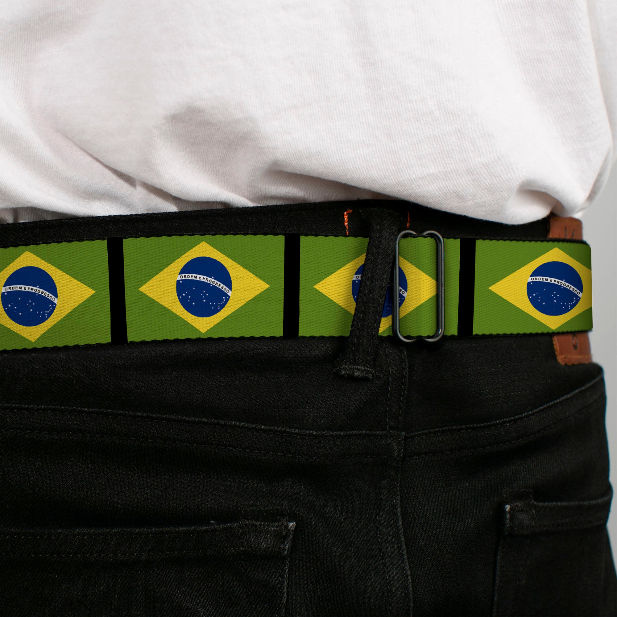 BD Wings Logo CLOSE-UP Full Color Black Silver Seatbelt Belt - Brazil Flags Webbing Seatbelt Belts Buckle-Down