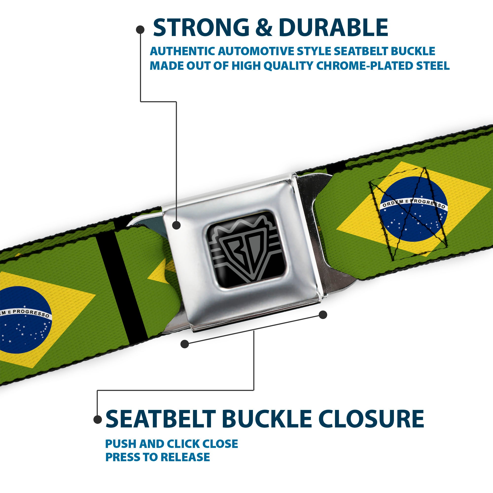 BD Wings Logo CLOSE-UP Full Color Black Silver Seatbelt Belt - Brazil Flags Webbing Seatbelt Belts Buckle-Down