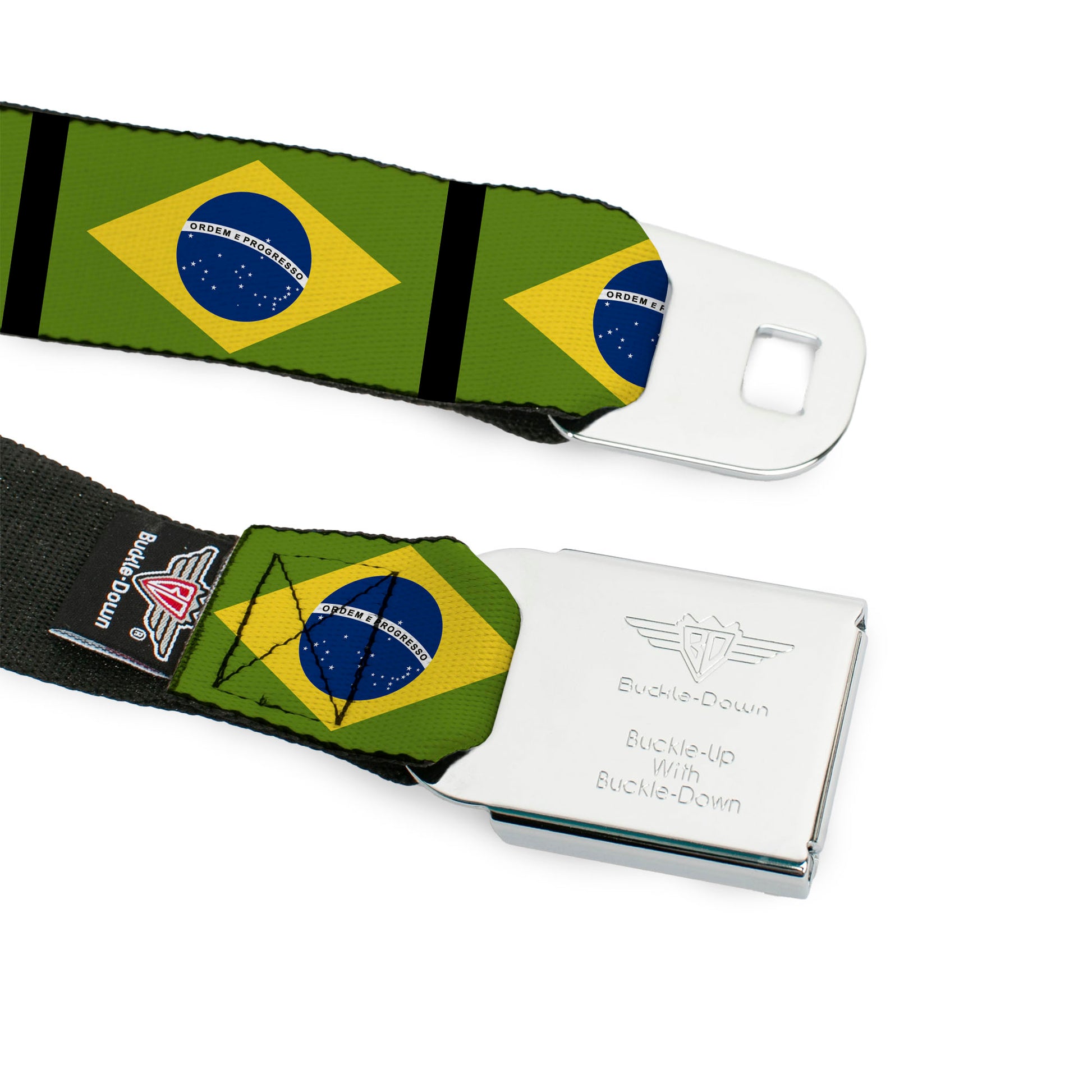 BD Wings Logo CLOSE-UP Full Color Black Silver Seatbelt Belt - Brazil Flags Webbing Seatbelt Belts Buckle-Down