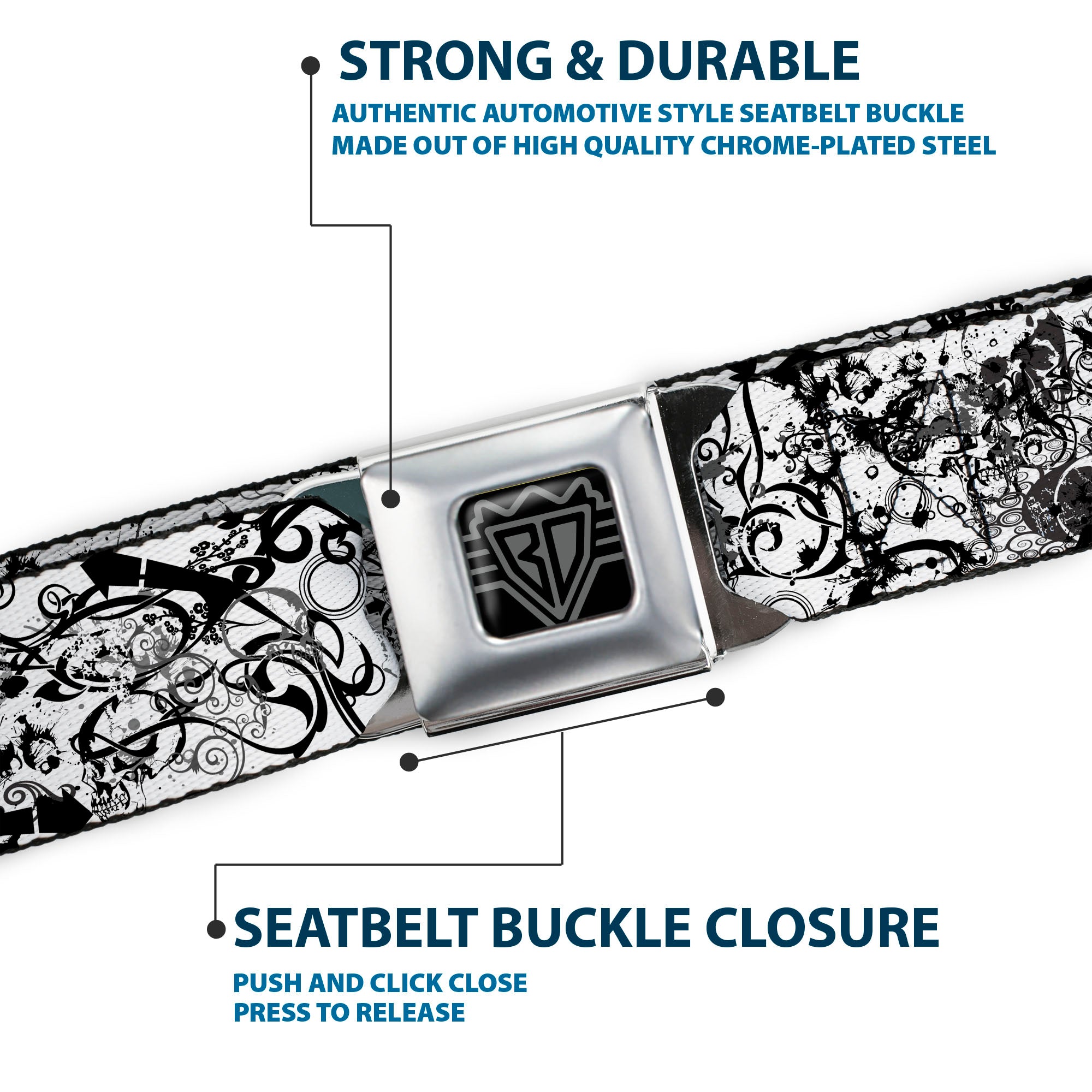 BD Wings Logo CLOSE-UP Full Color Black Silver Seatbelt Belt - BD Chaos Webbing Seatbelt Belts Buckle-Down