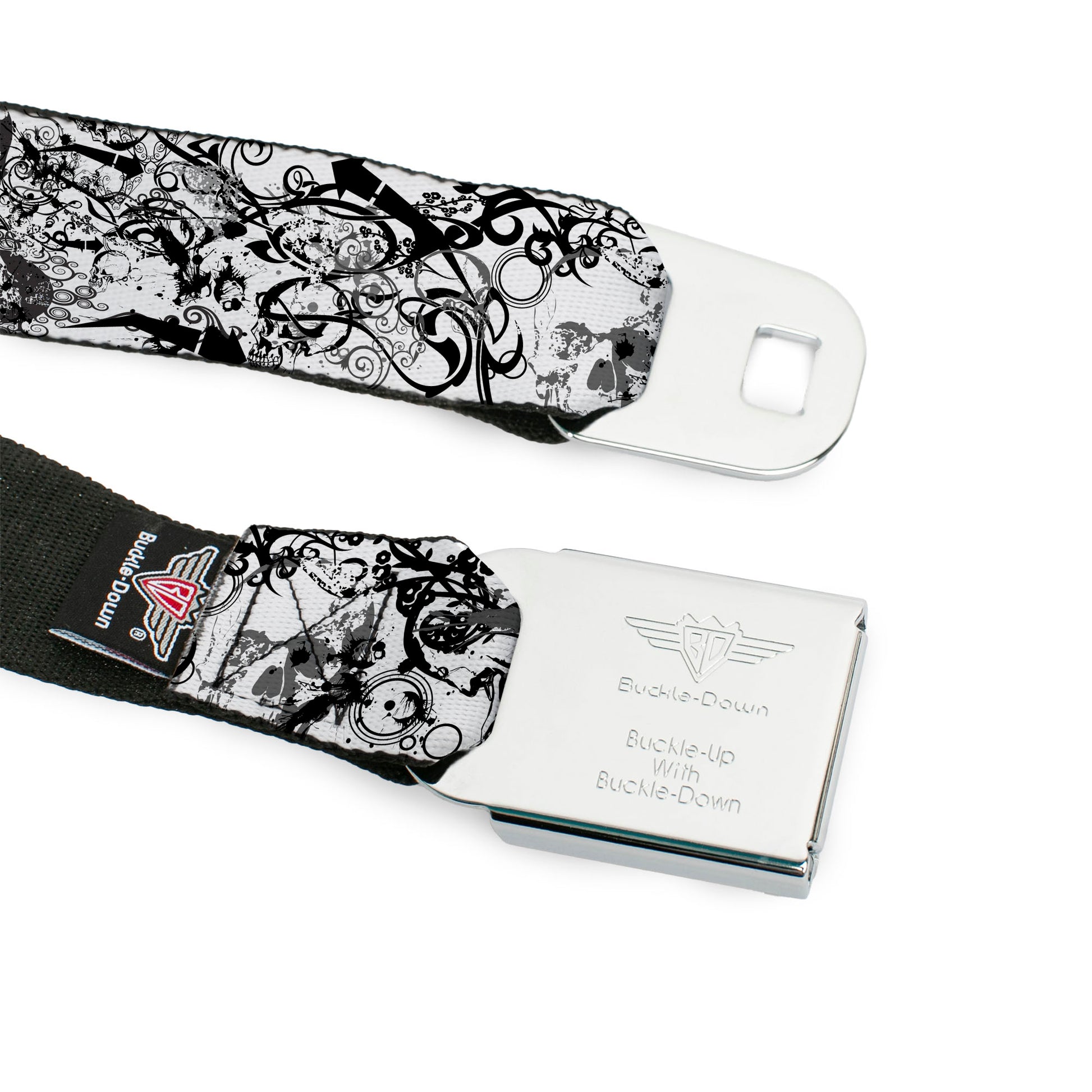 BD Wings Logo CLOSE-UP Full Color Black Silver Seatbelt Belt - BD Chaos Webbing Seatbelt Belts Buckle-Down