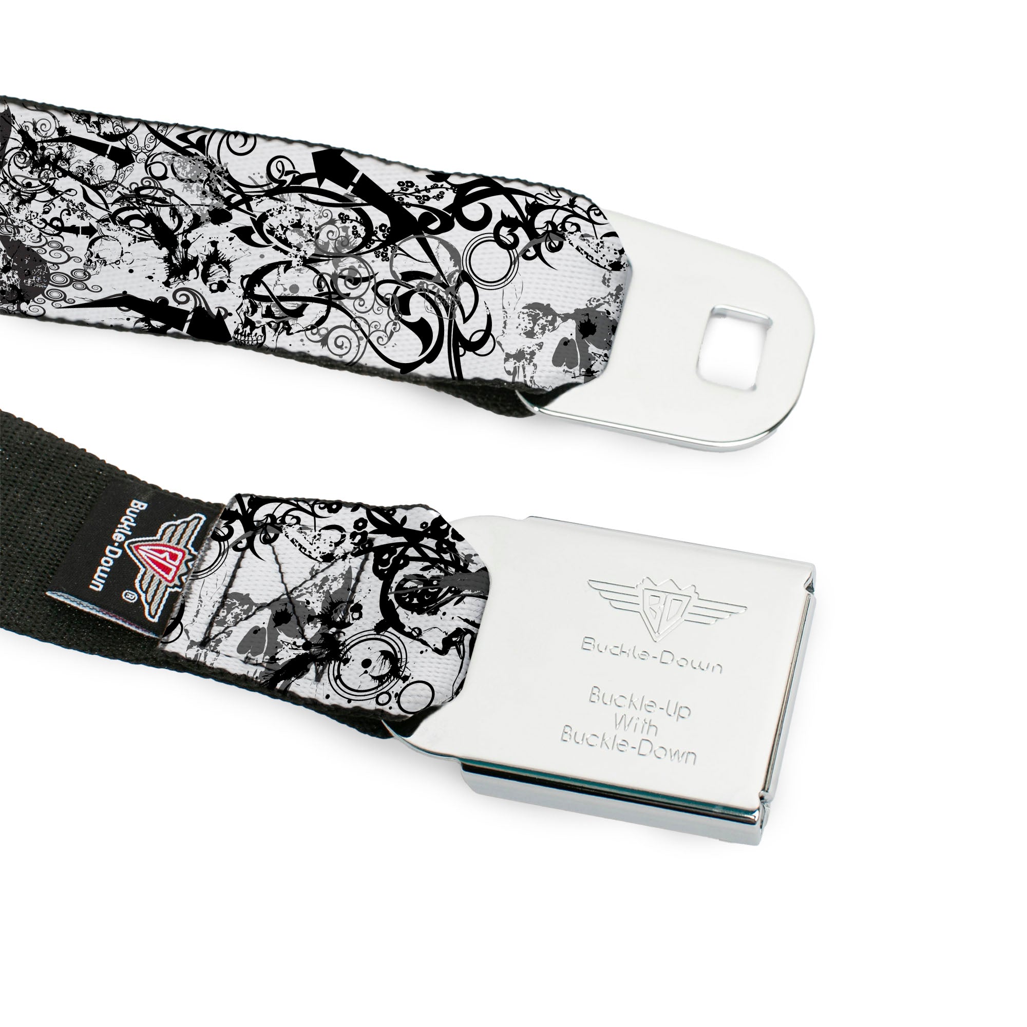 BD Wings Logo CLOSE-UP Full Color Black Silver Seatbelt Belt - BD Chaos Webbing Seatbelt Belts Buckle-Down
