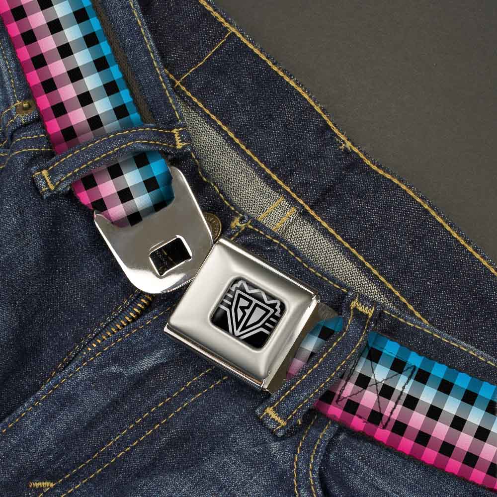 BD Wings Logo CLOSE-UP Full Color Black Silver Seatbelt Belt - Buffalo Plaid Turquoise/Fuchsia Fade Webbing Seatbelt Belts Buckle-Down