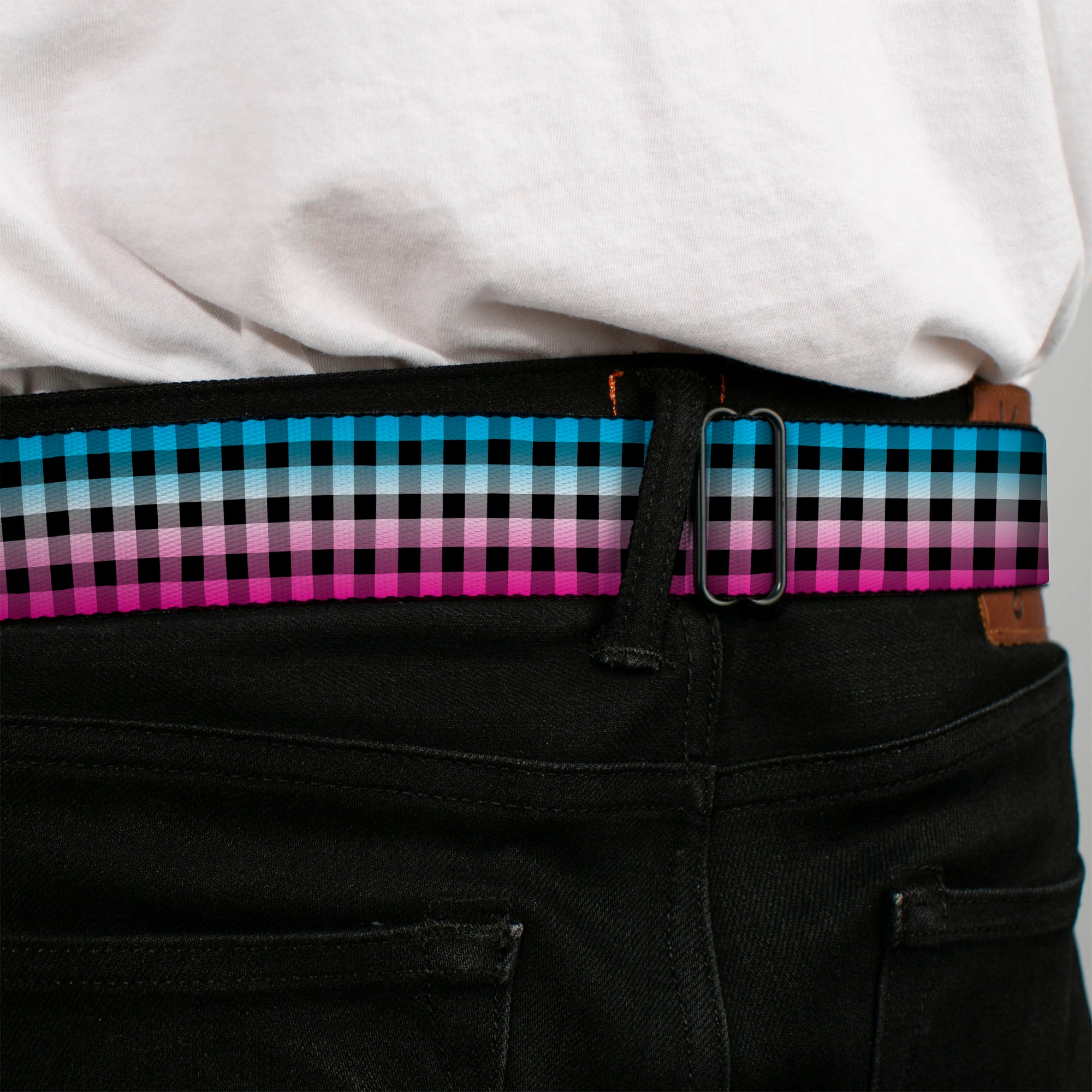 BD Wings Logo CLOSE-UP Full Color Black Silver Seatbelt Belt - Buffalo Plaid Turquoise/Fuchsia Fade Webbing Seatbelt Belts Buckle-Down