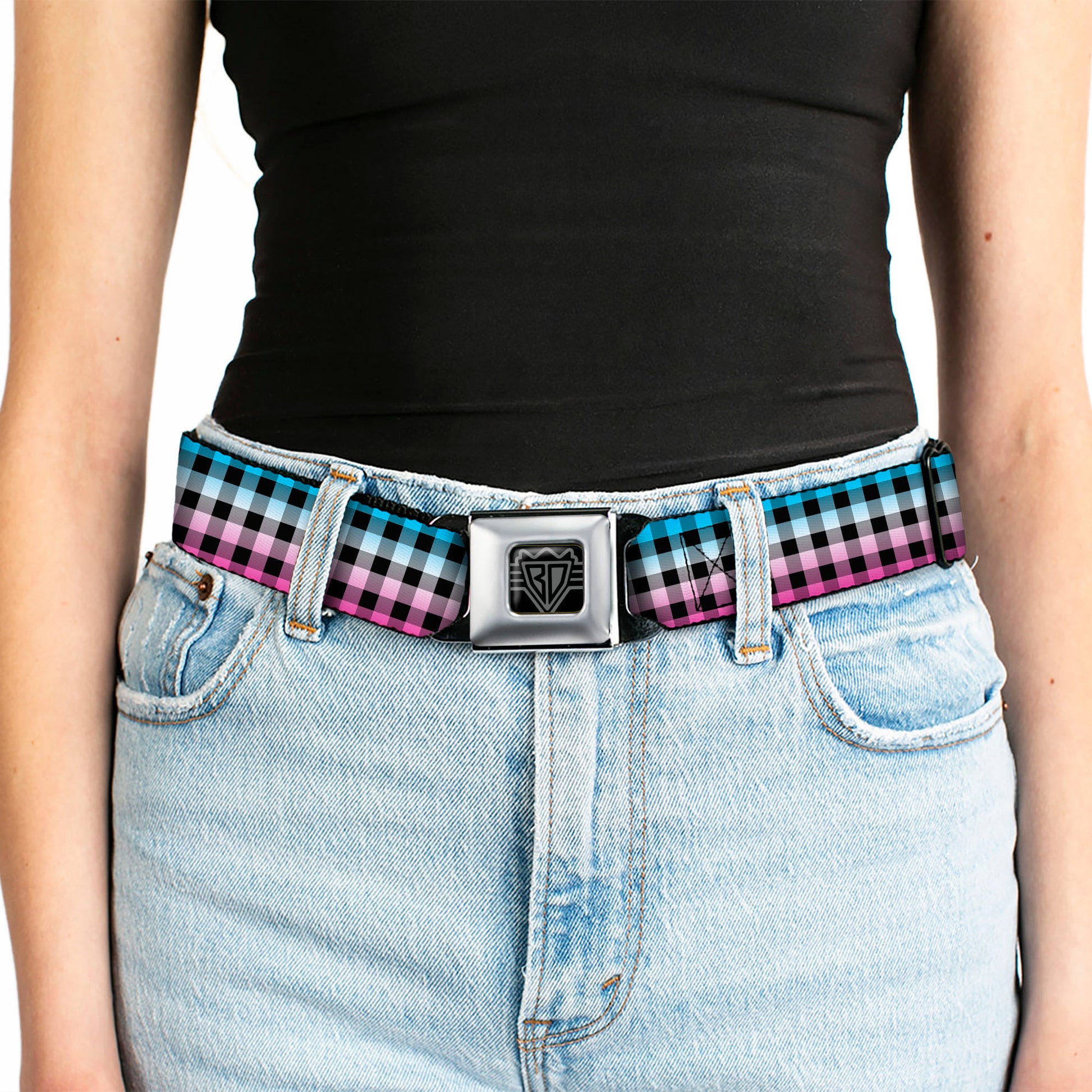 BD Wings Logo CLOSE-UP Full Color Black Silver Seatbelt Belt - Buffalo Plaid Turquoise/Fuchsia Fade Webbing Seatbelt Belts Buckle-Down