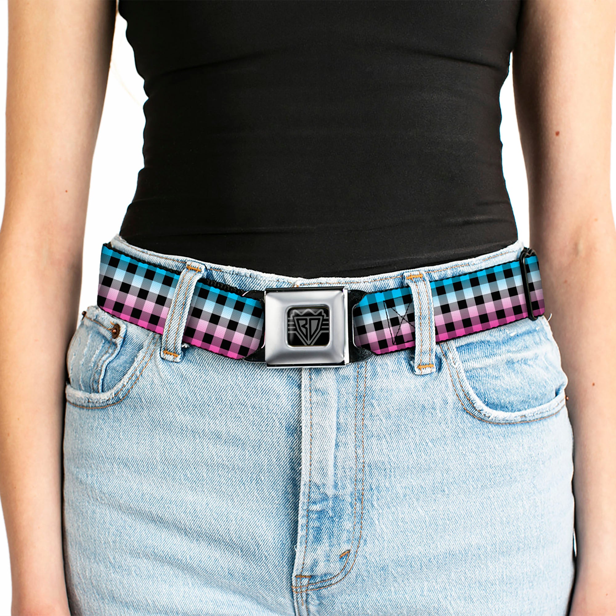 BD Wings Logo CLOSE-UP Full Color Black Silver Seatbelt Belt - Buffalo Plaid Turquoise/Fuchsia Fade Webbing Seatbelt Belts Buckle-Down
