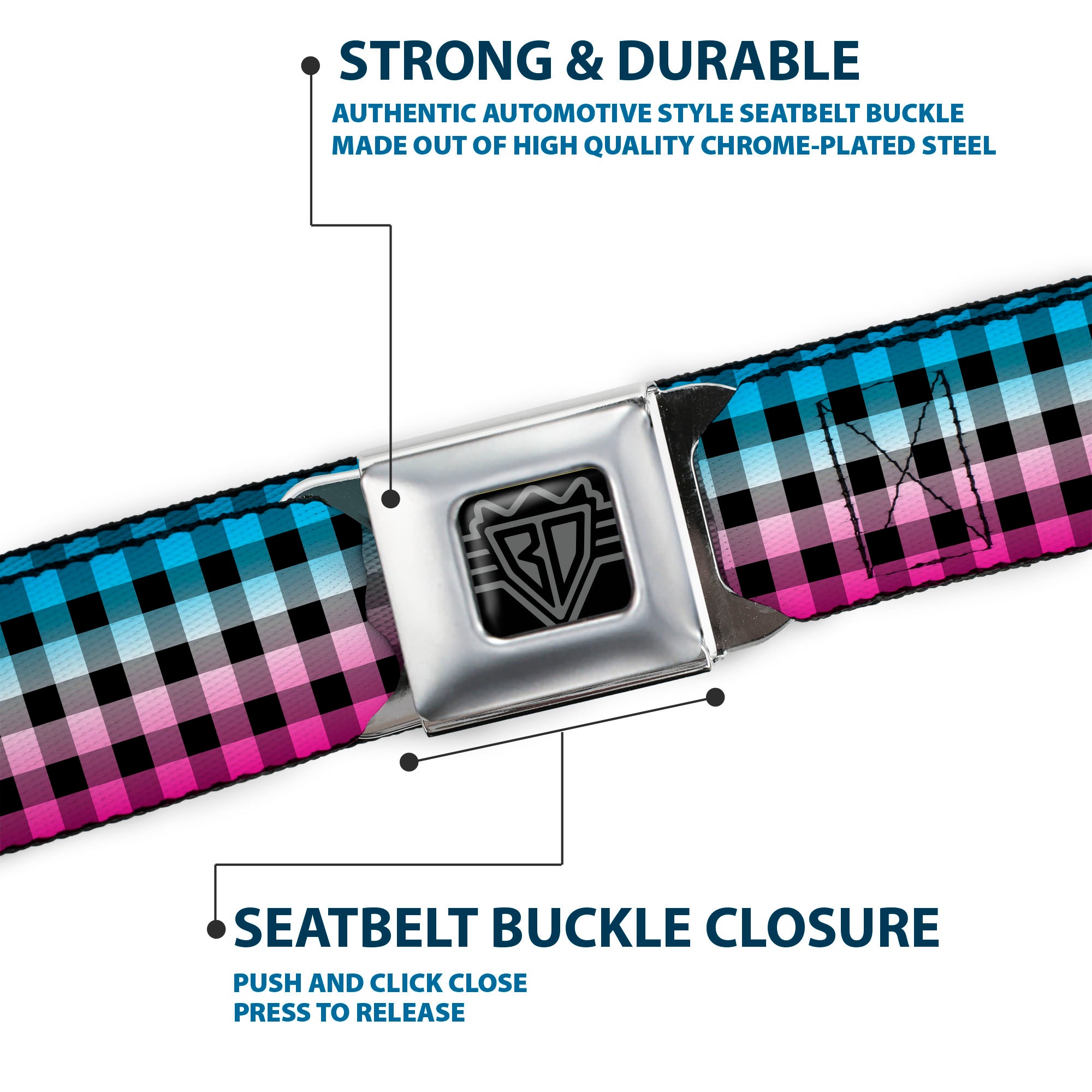 BD Wings Logo CLOSE-UP Full Color Black Silver Seatbelt Belt - Buffalo Plaid Turquoise/Fuchsia Fade Webbing Seatbelt Belts Buckle-Down