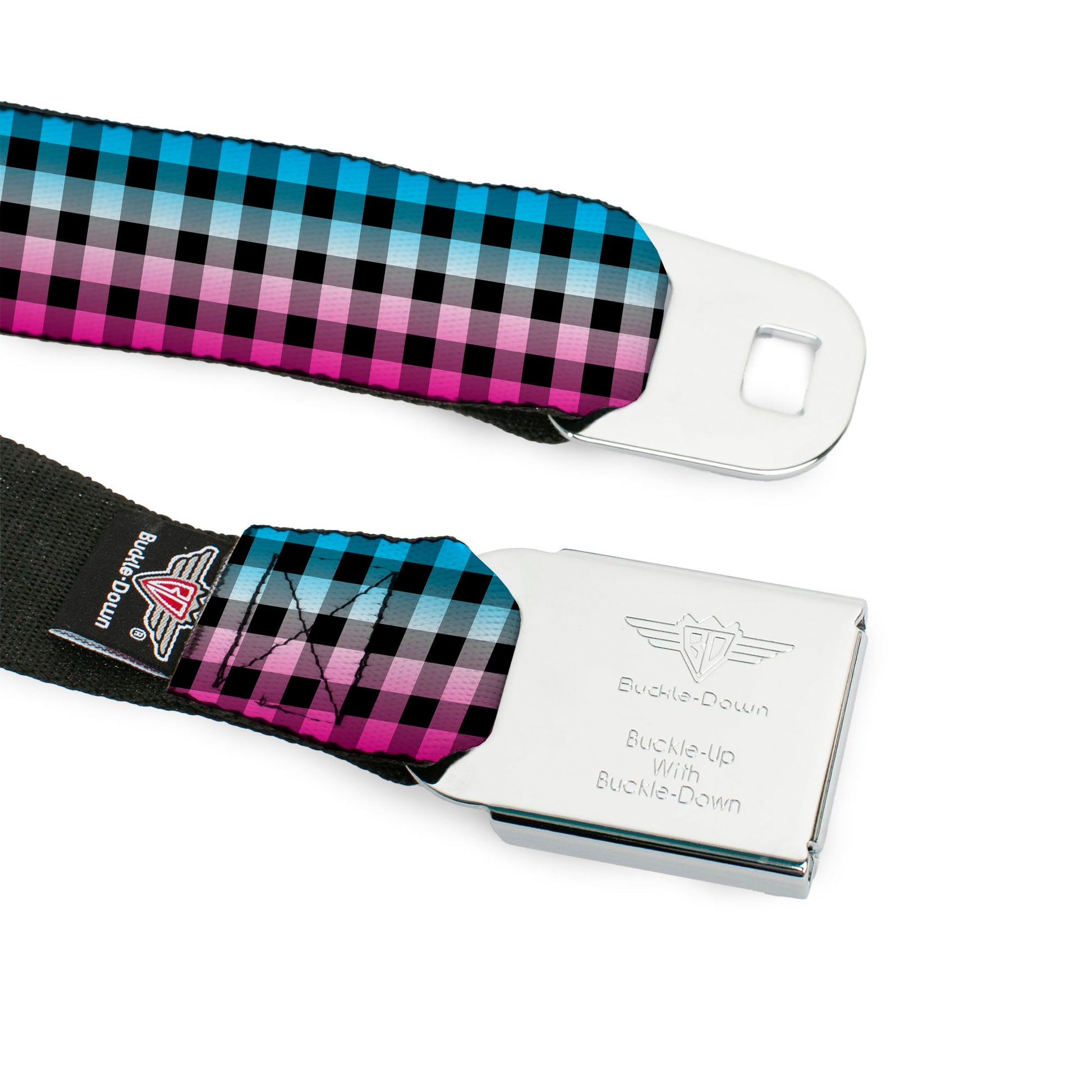 BD Wings Logo CLOSE-UP Full Color Black Silver Seatbelt Belt - Buffalo Plaid Turquoise/Fuchsia Fade Webbing Seatbelt Belts Buckle-Down