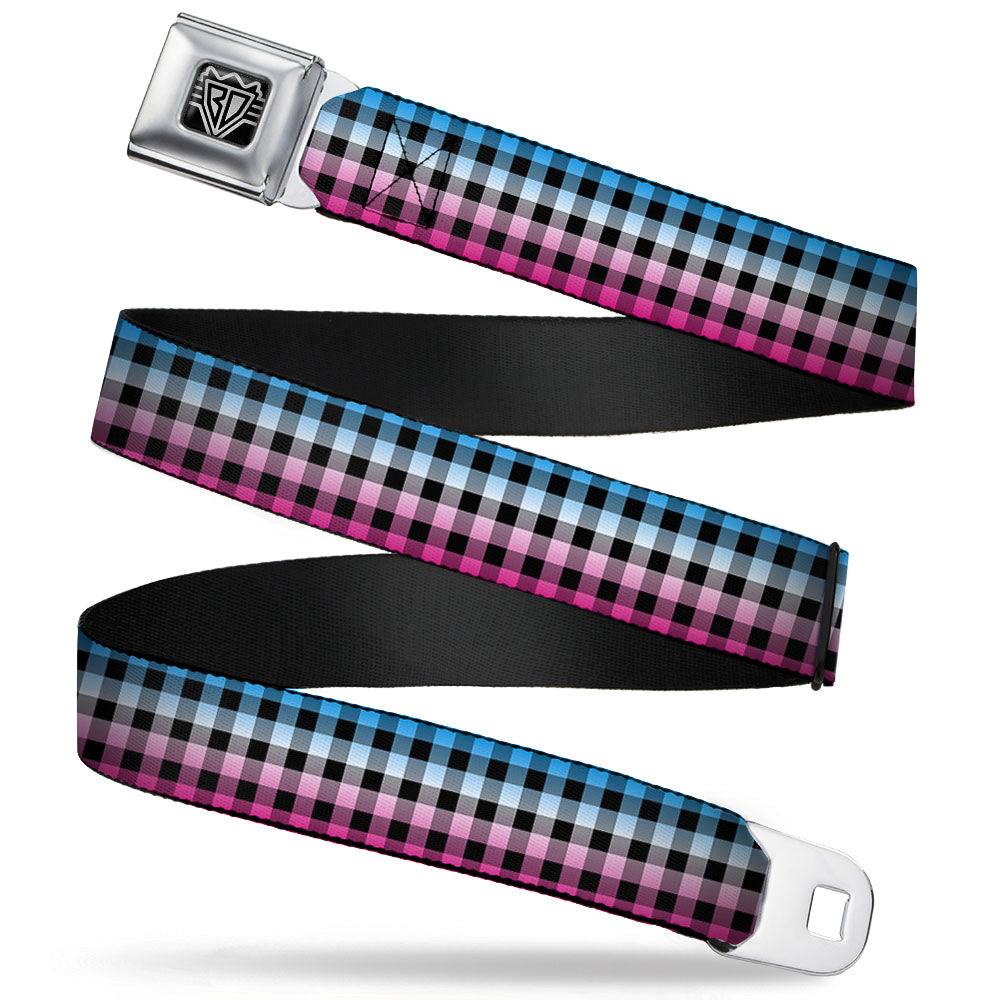 BD Wings Logo CLOSE-UP Full Color Black Silver Seatbelt Belt - Buffalo Plaid Turquoise/Fuchsia Fade Webbing Seatbelt Belts Buckle-Down