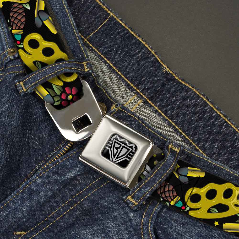 BD Wings Logo CLOSE-UP Full Color Black Silver Seatbelt Belt - Born to Raise Hell Black Webbing Seatbelt Belts Buckle-Down