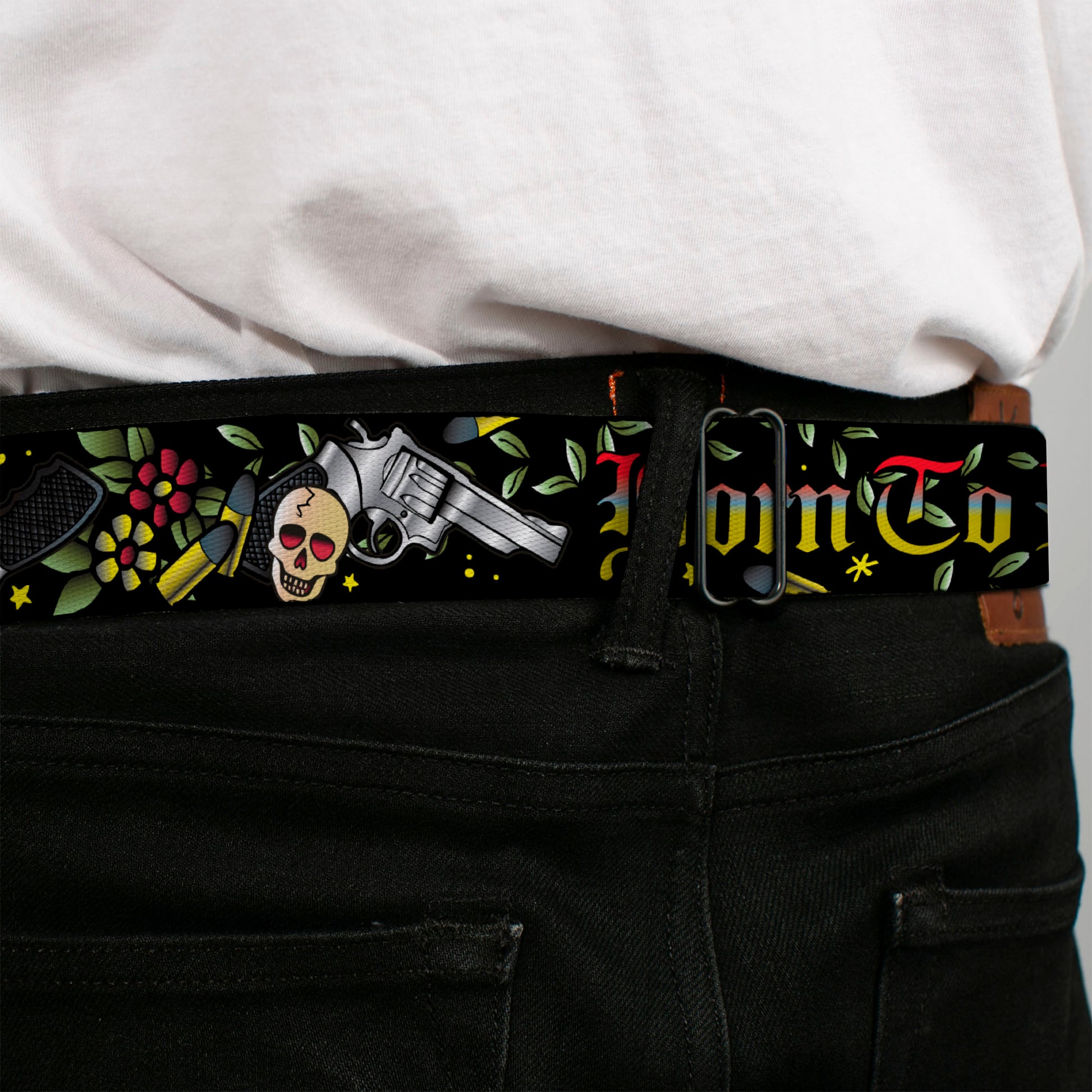BD Wings Logo CLOSE-UP Full Color Black Silver Seatbelt Belt - Born to Raise Hell Black Webbing Seatbelt Belts Buckle-Down