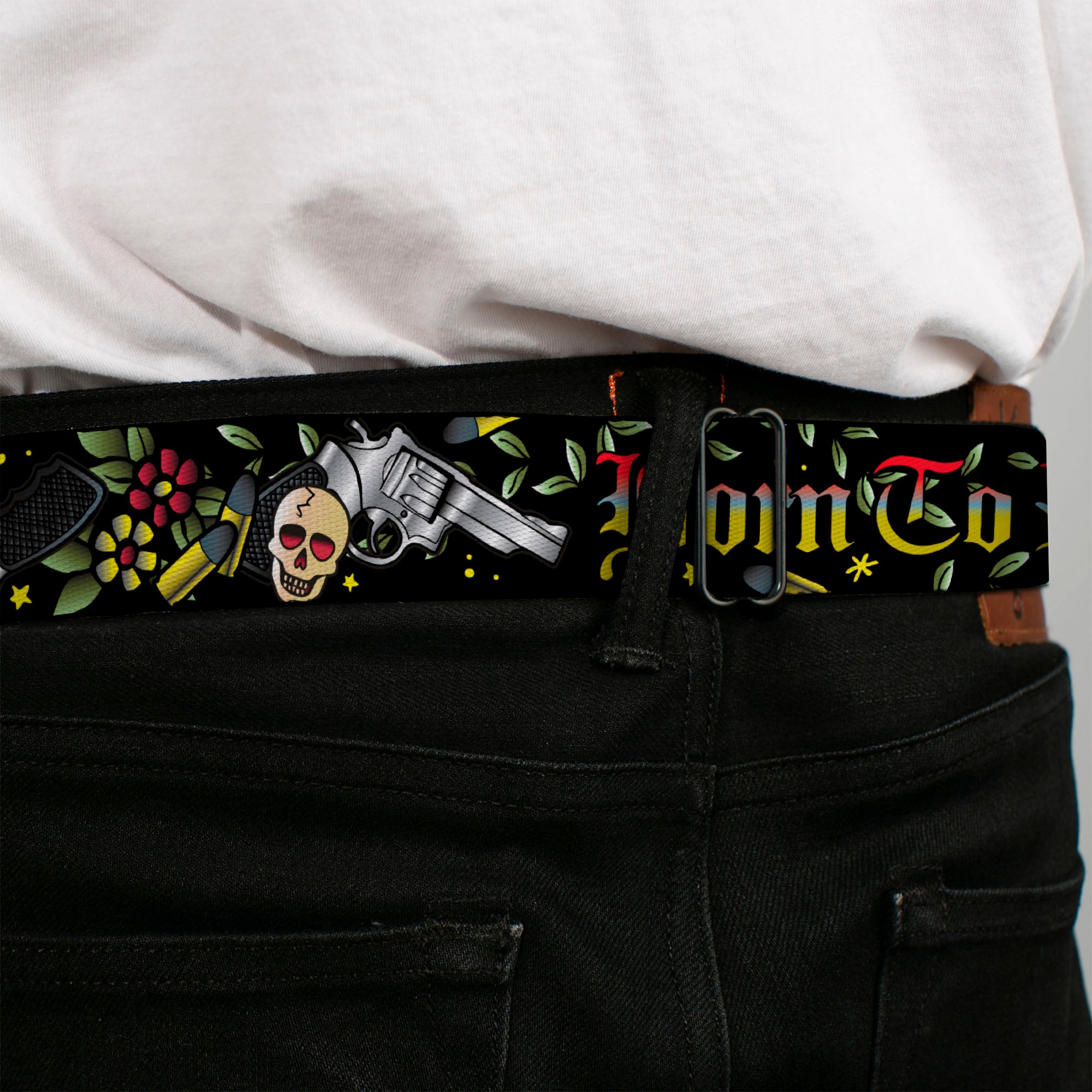 BD Wings Logo CLOSE-UP Full Color Black Silver Seatbelt Belt - Born to Raise Hell Black Webbing Seatbelt Belts Buckle-Down