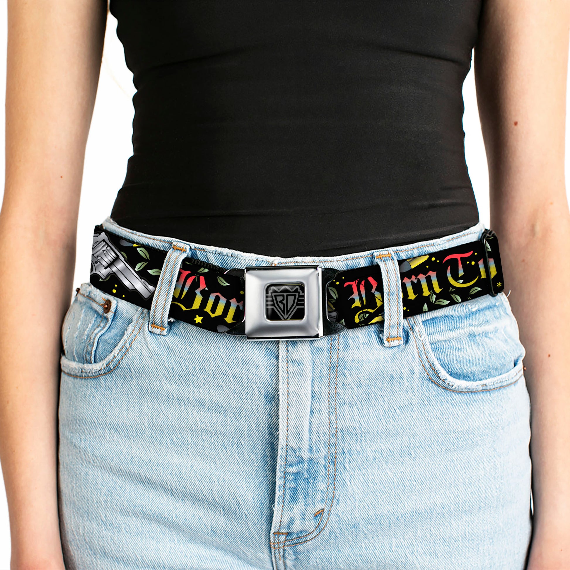 BD Wings Logo CLOSE-UP Full Color Black Silver Seatbelt Belt - Born to Raise Hell Black Webbing Seatbelt Belts Buckle-Down