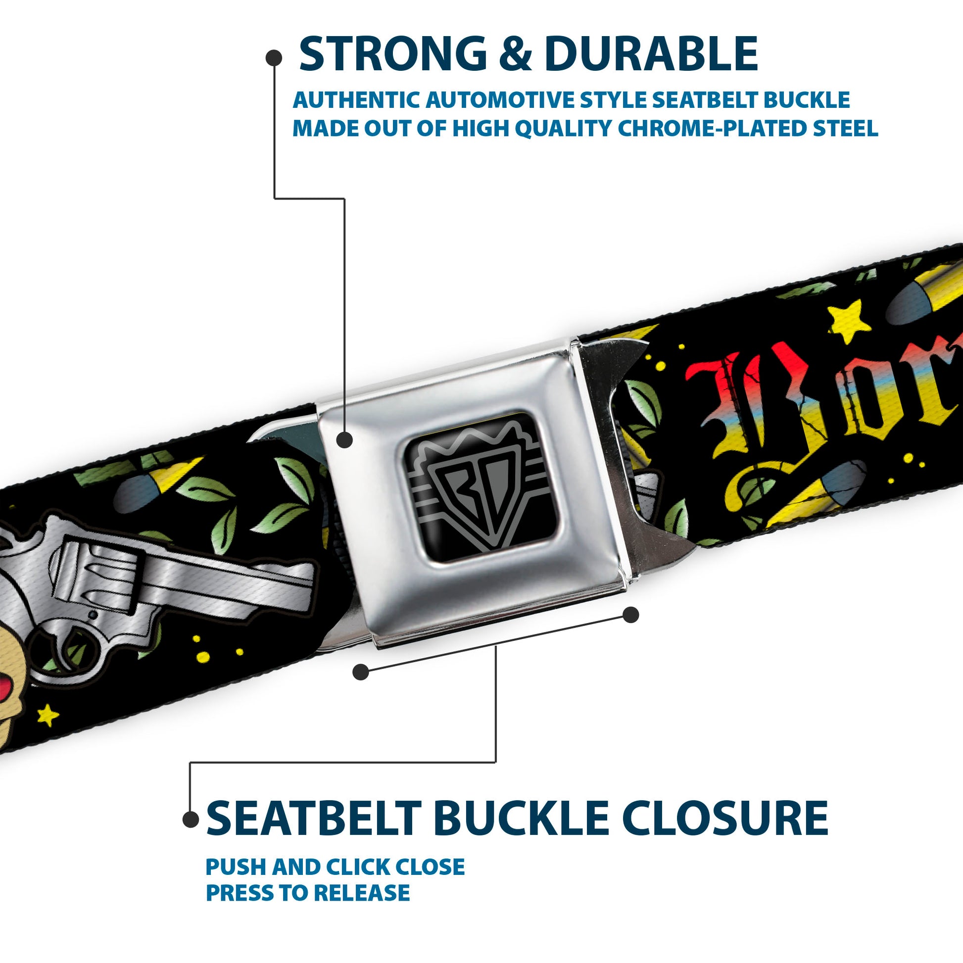 BD Wings Logo CLOSE-UP Full Color Black Silver Seatbelt Belt - Born to Raise Hell Black Webbing Seatbelt Belts Buckle-Down