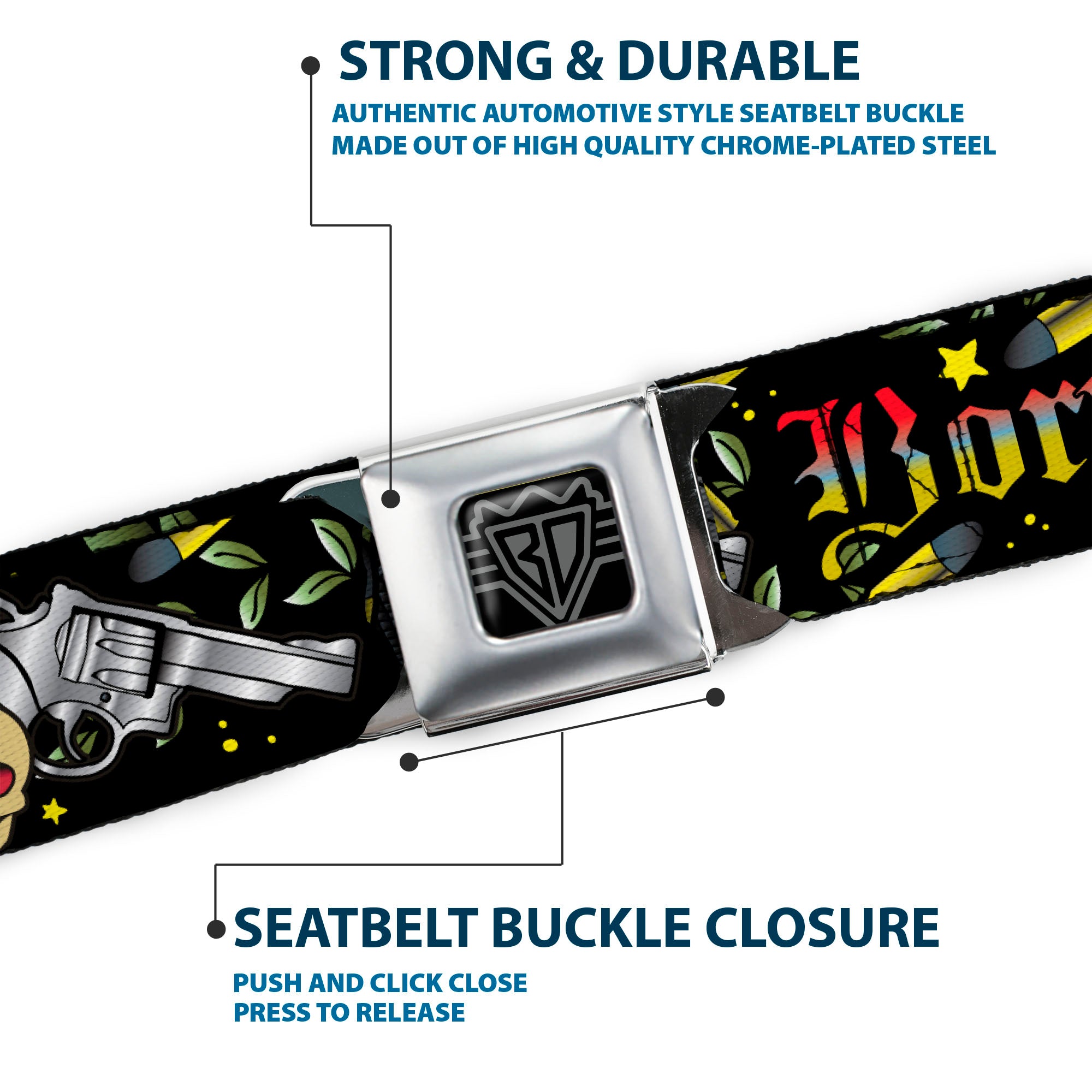 BD Wings Logo CLOSE-UP Full Color Black Silver Seatbelt Belt - Born to Raise Hell Black Webbing Seatbelt Belts Buckle-Down