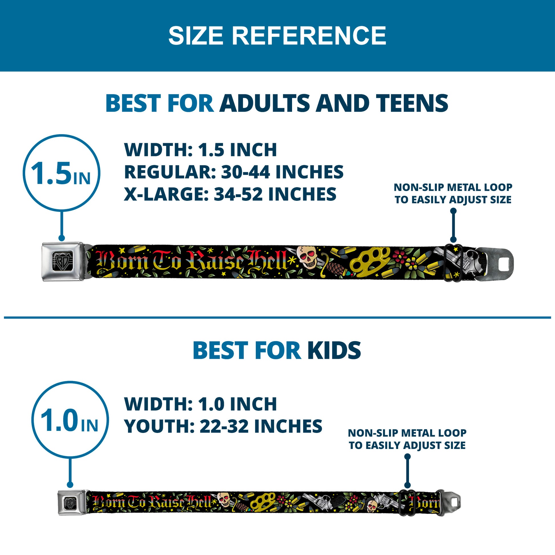 BD Wings Logo CLOSE-UP Full Color Black Silver Seatbelt Belt - Born to Raise Hell Black Webbing Seatbelt Belts Buckle-Down