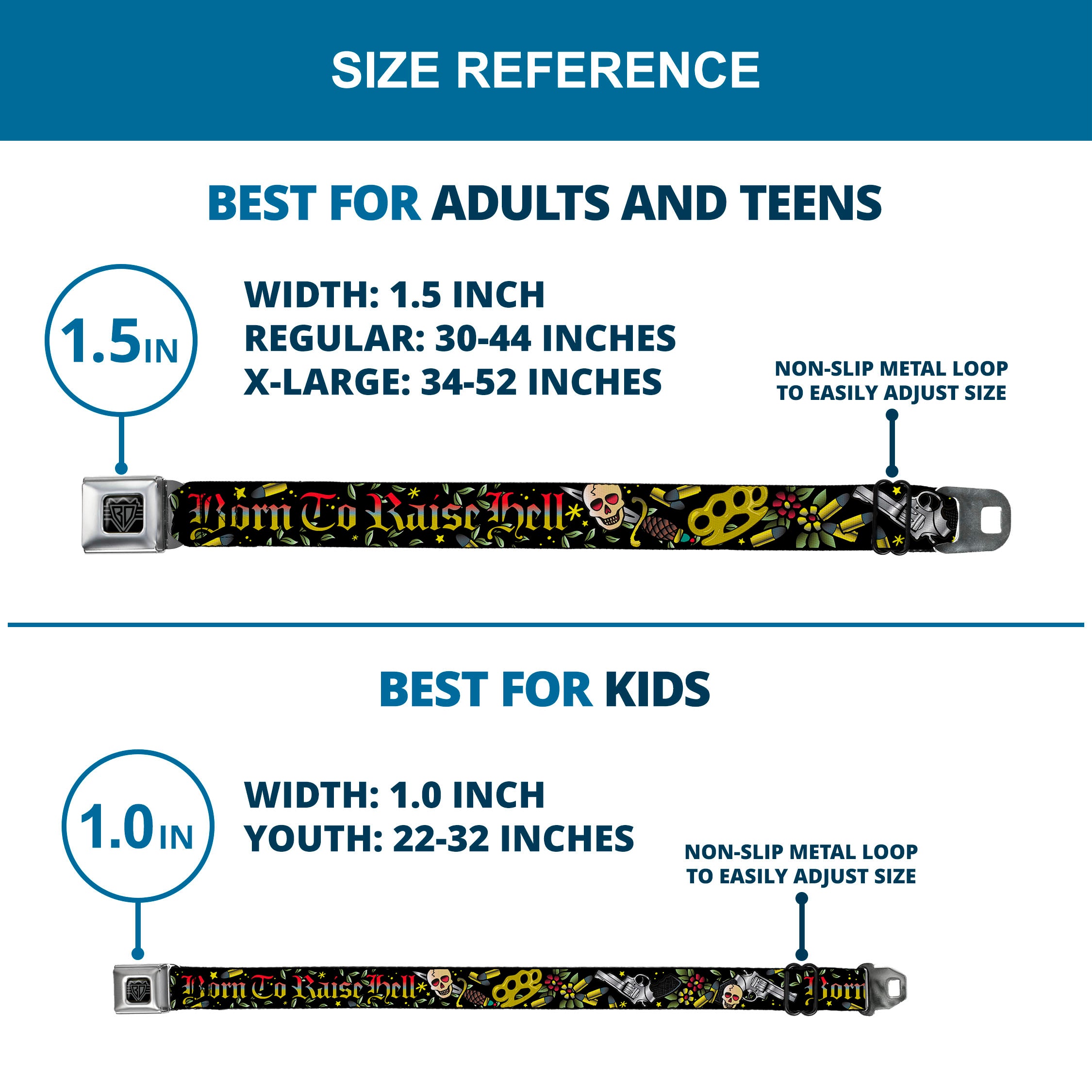 BD Wings Logo CLOSE-UP Full Color Black Silver Seatbelt Belt - Born to Raise Hell Black Webbing Seatbelt Belts Buckle-Down